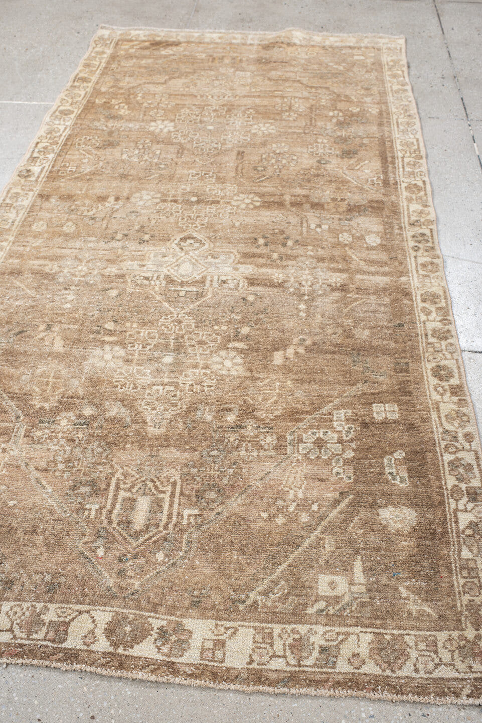 3' x 7' one-of-a-kind handmade antique Hamadan runner rug. Color palette: taupe, ivory, camel, beige, brown, sage, ochre