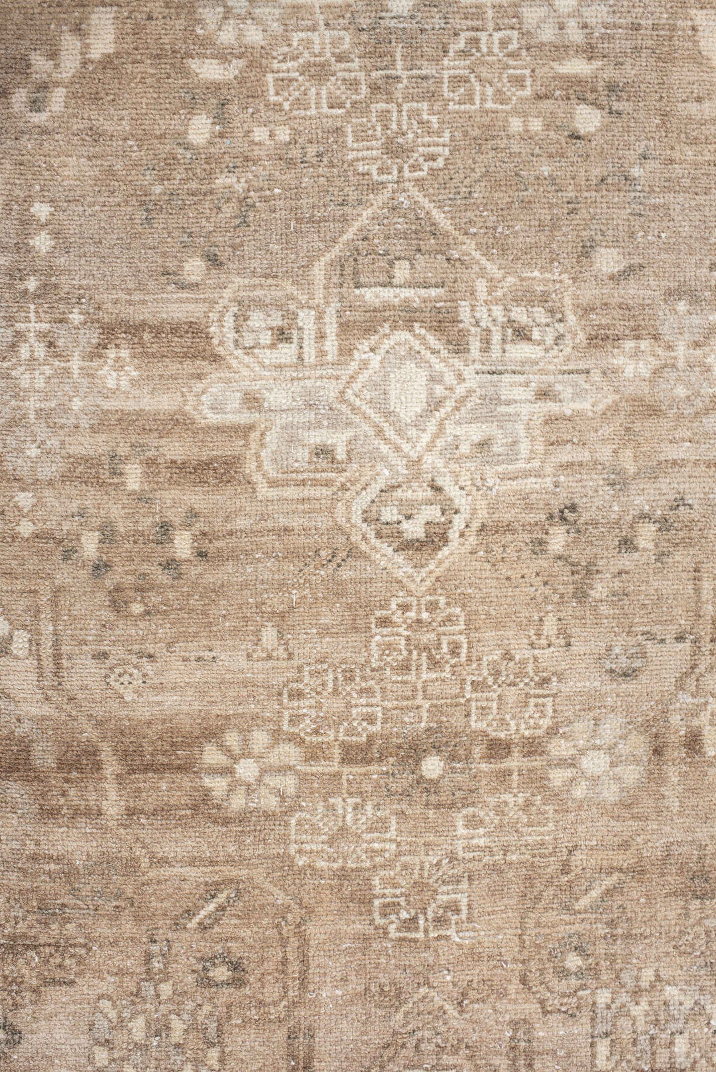 3' x 7' one-of-a-kind handmade antique Hamadan runner rug. Color palette: taupe, ivory, camel, beige, brown, sage, ochre