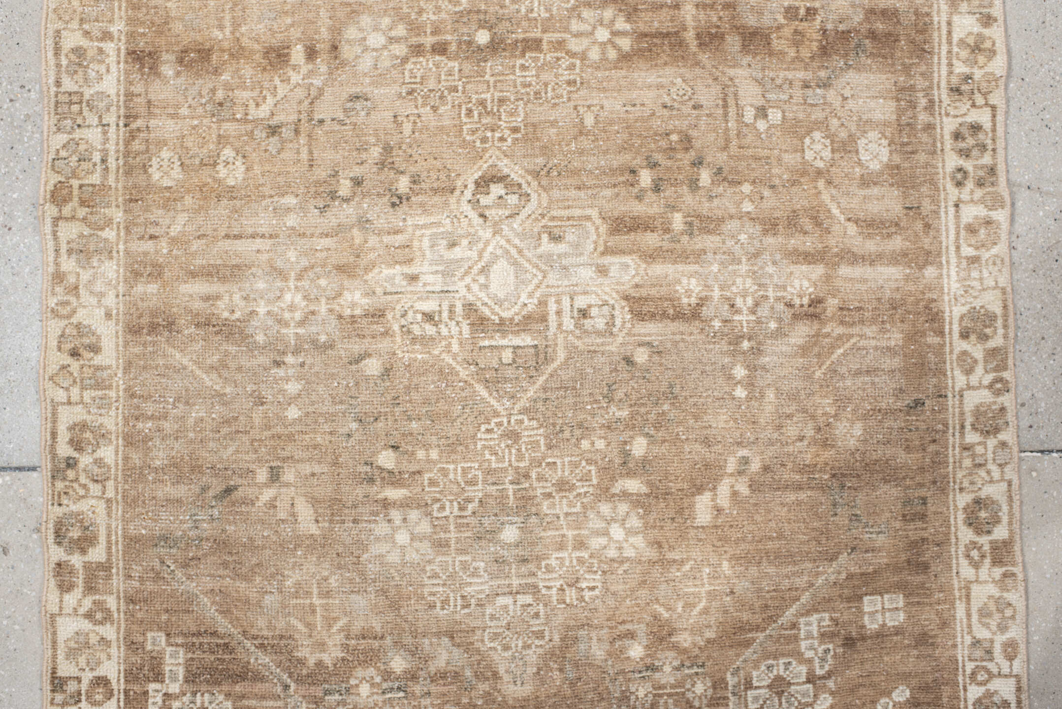 3' x 7' one-of-a-kind handmade antique Hamadan runner rug. Color palette: taupe, ivory, camel, beige, brown, sage, ochre