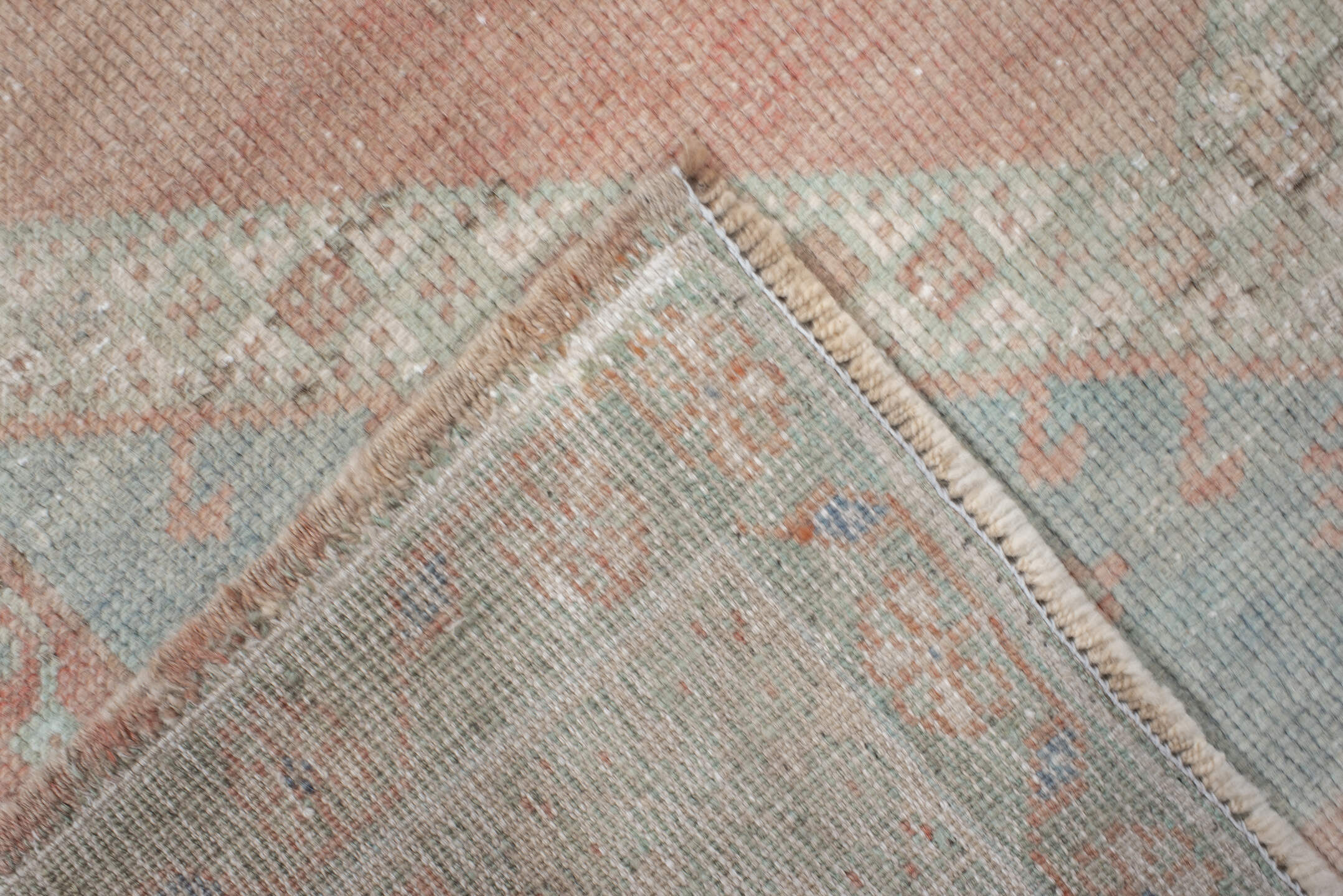 3' x 5' one-of-a-kind handmade vintage Anatolian small size rug. Color palette: ivory, pale blue, blush, coral, taupe, sage