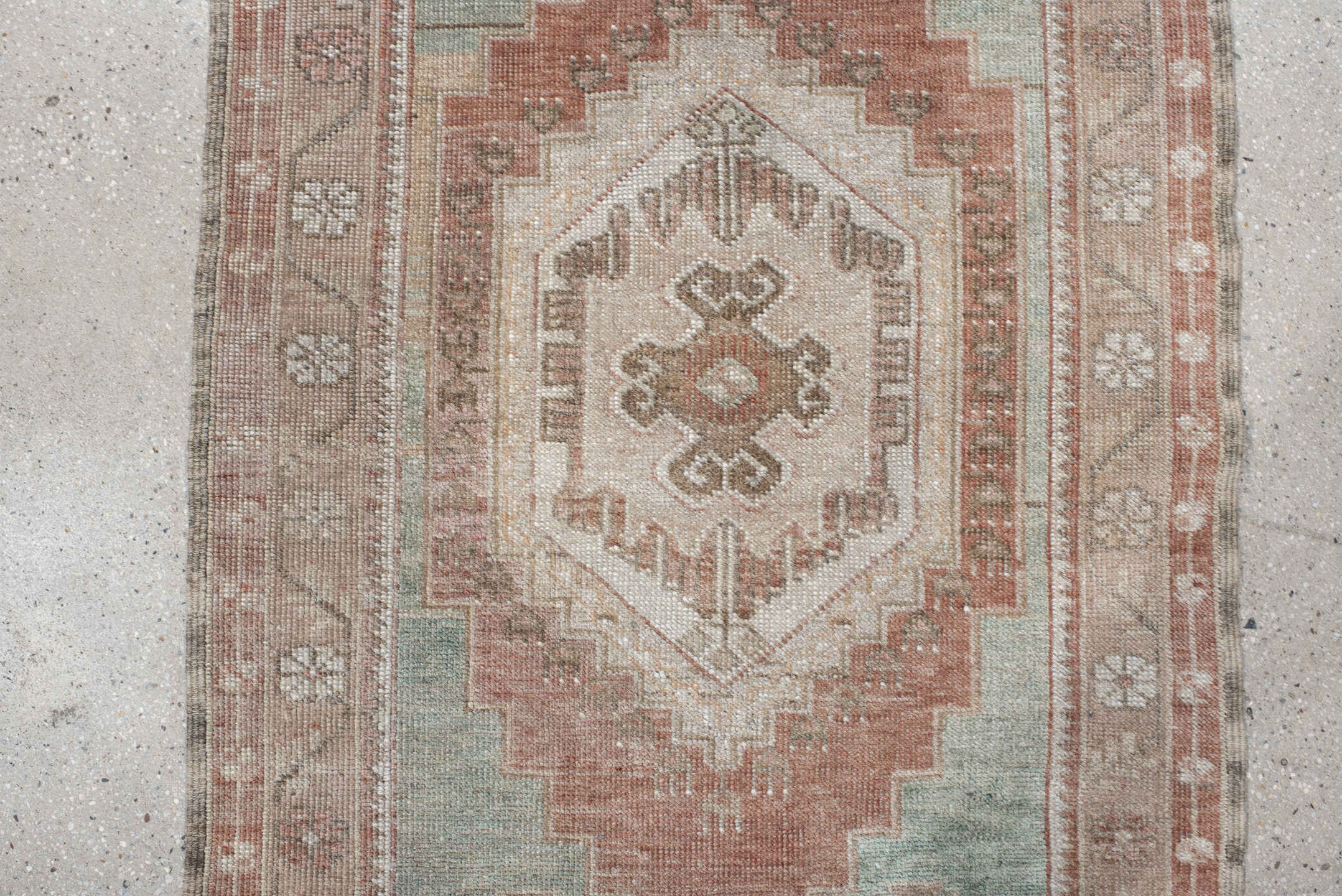 2' x 4' one-of-a-kind handmade vintage Anatolian small size rug. Color palette: ivory, blush, taupe, sage, terra cotta