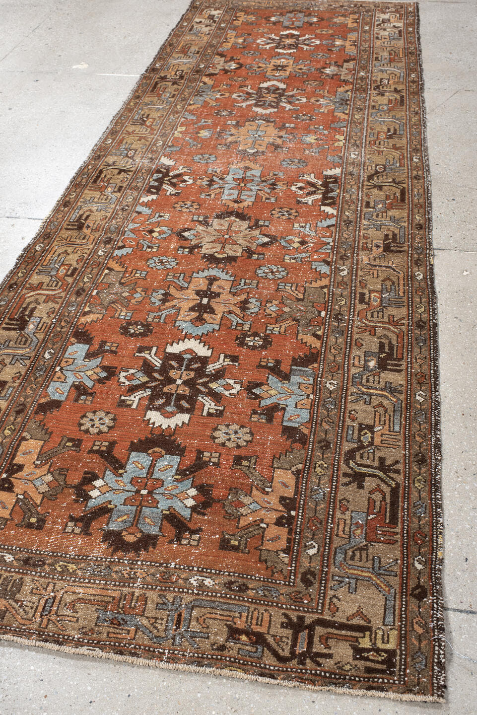 3' x 9' one-of-a-kind handmade vintage Malayer runner rug. Color palette: rust, camel, ivory, brown, slate, taupe, charcoal