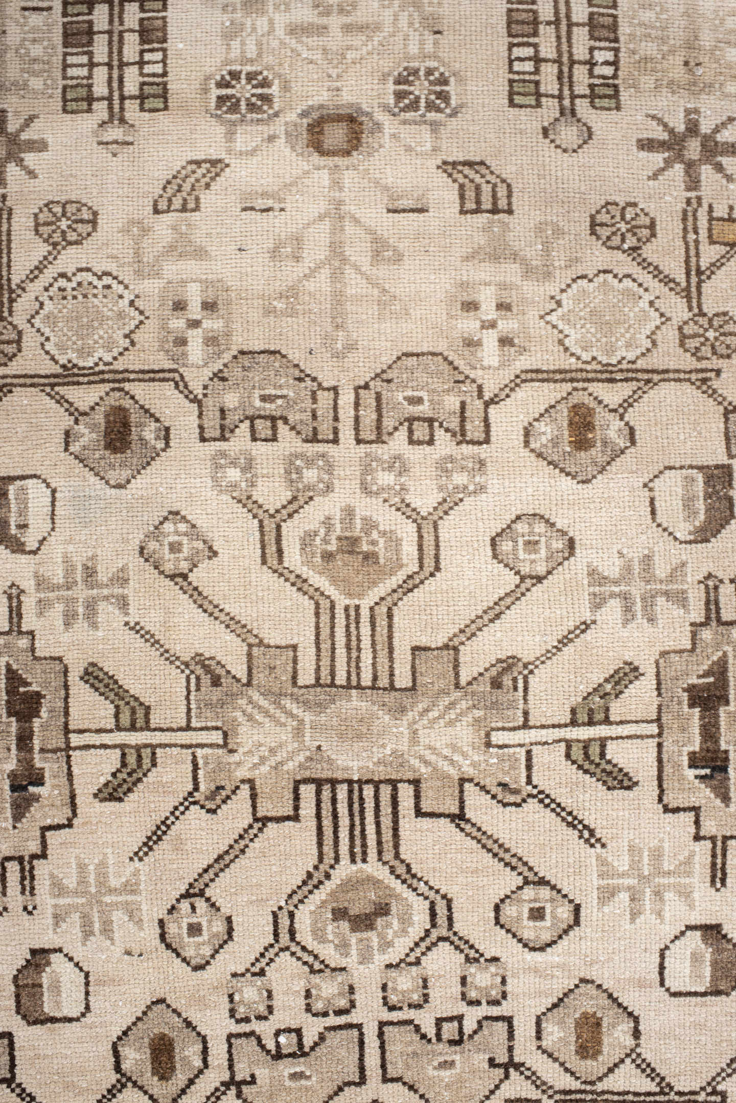 3' x 9' one-of-a-kind handmade antique Hamadan runner rug. Color palette: ivory, taupe, brown, camel, charcoal, beige, gray