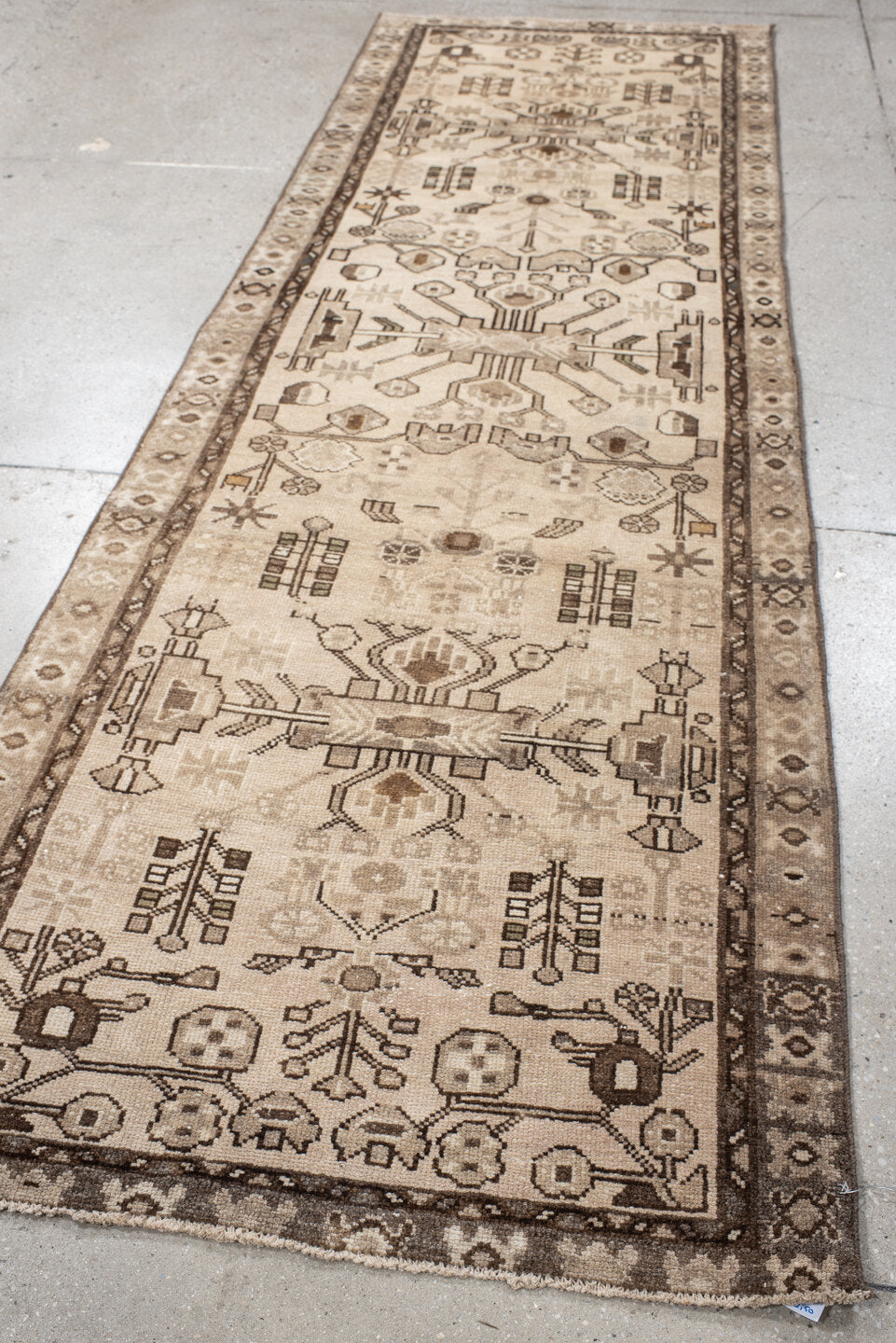 3' x 9' one-of-a-kind handmade antique Hamadan runner rug. Color palette: ivory, taupe, brown, camel, charcoal, beige, gray