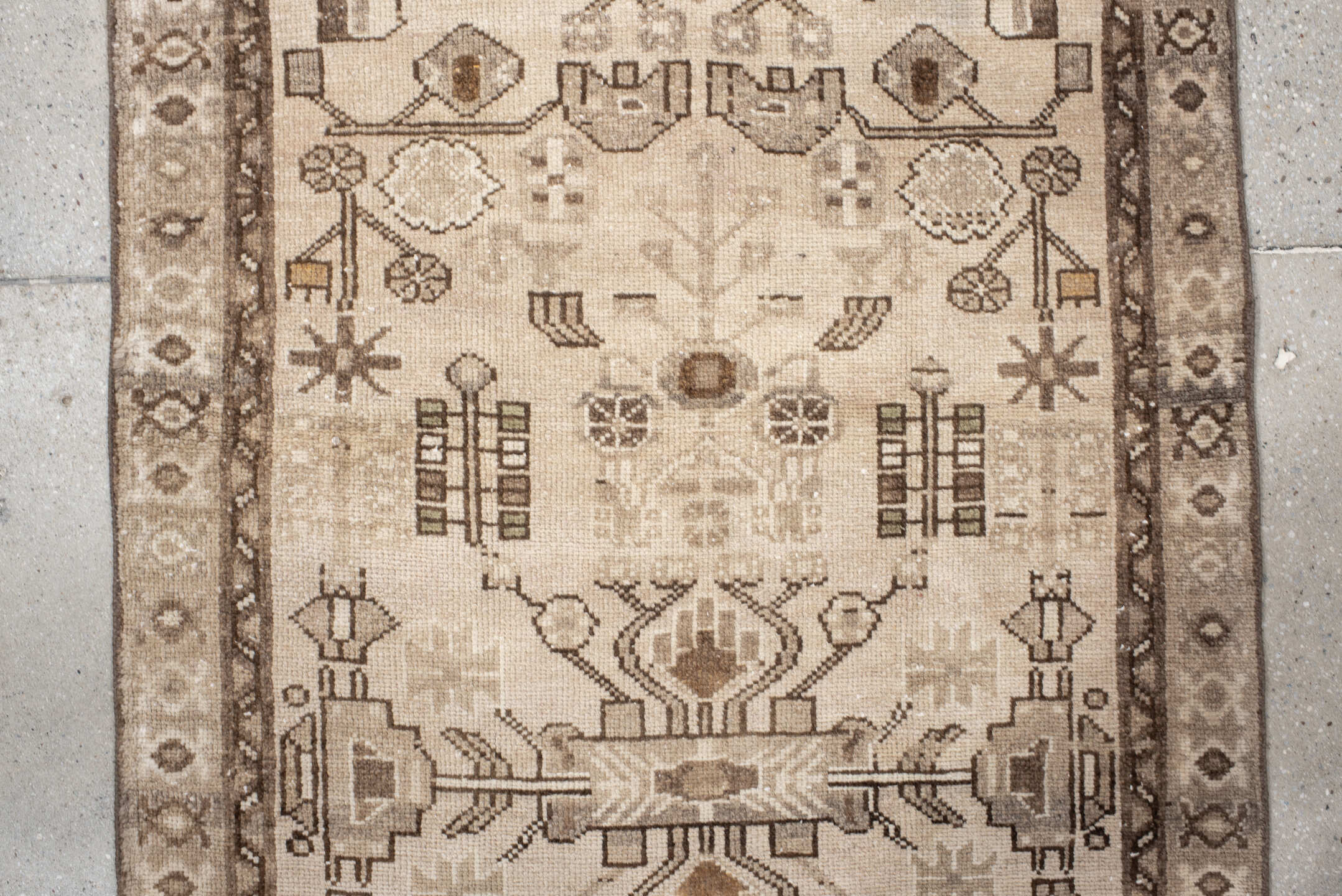 3' x 9' one-of-a-kind handmade antique Hamadan runner rug. Color palette: ivory, taupe, brown, camel, charcoal, beige, gray