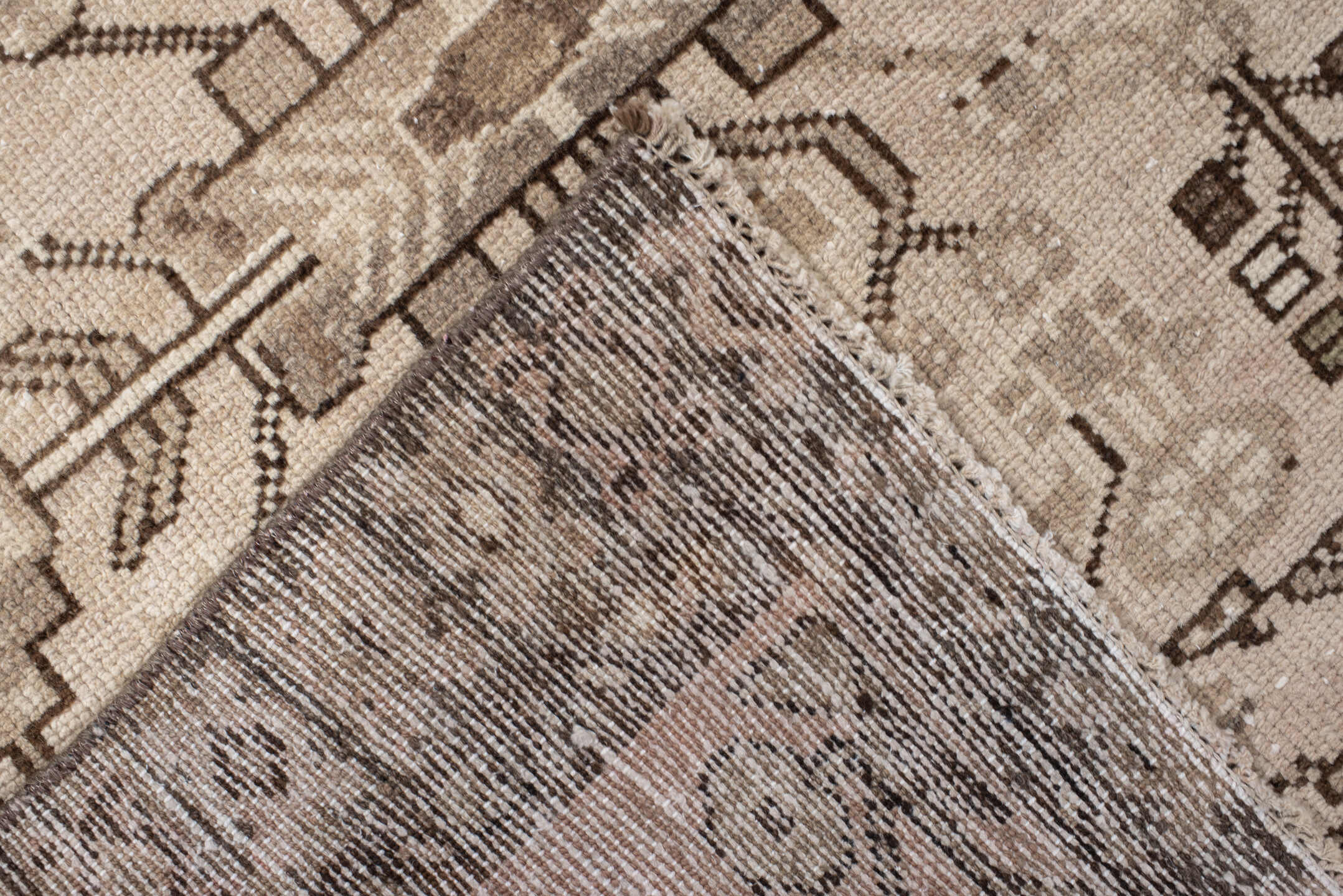 3' x 9' one-of-a-kind handmade antique Hamadan runner rug. Color palette: ivory, taupe, brown, camel, charcoal, beige, gray