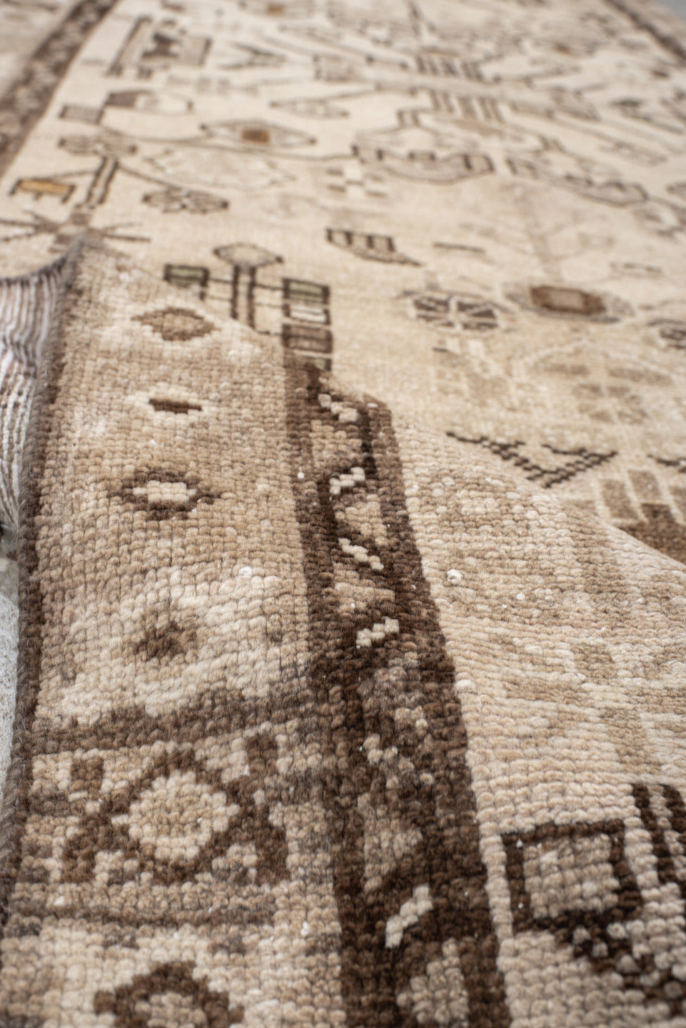 3' x 9' one-of-a-kind handmade antique Hamadan runner rug. Color palette: ivory, taupe, brown, camel, charcoal, beige, gray
