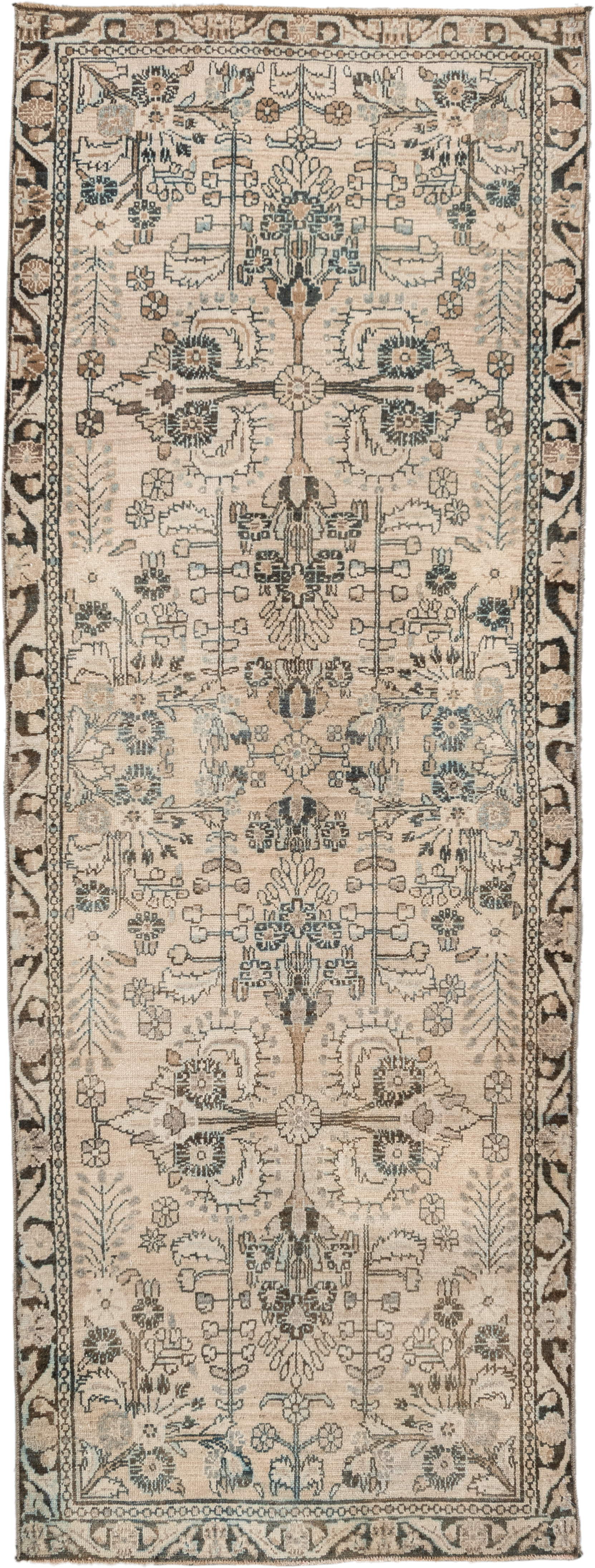 3' x 9' one-of-a-kind handmade antique Hamadan runner rug. Color palette: ivory, taupe, charcoal, sage, camel, brown, slate