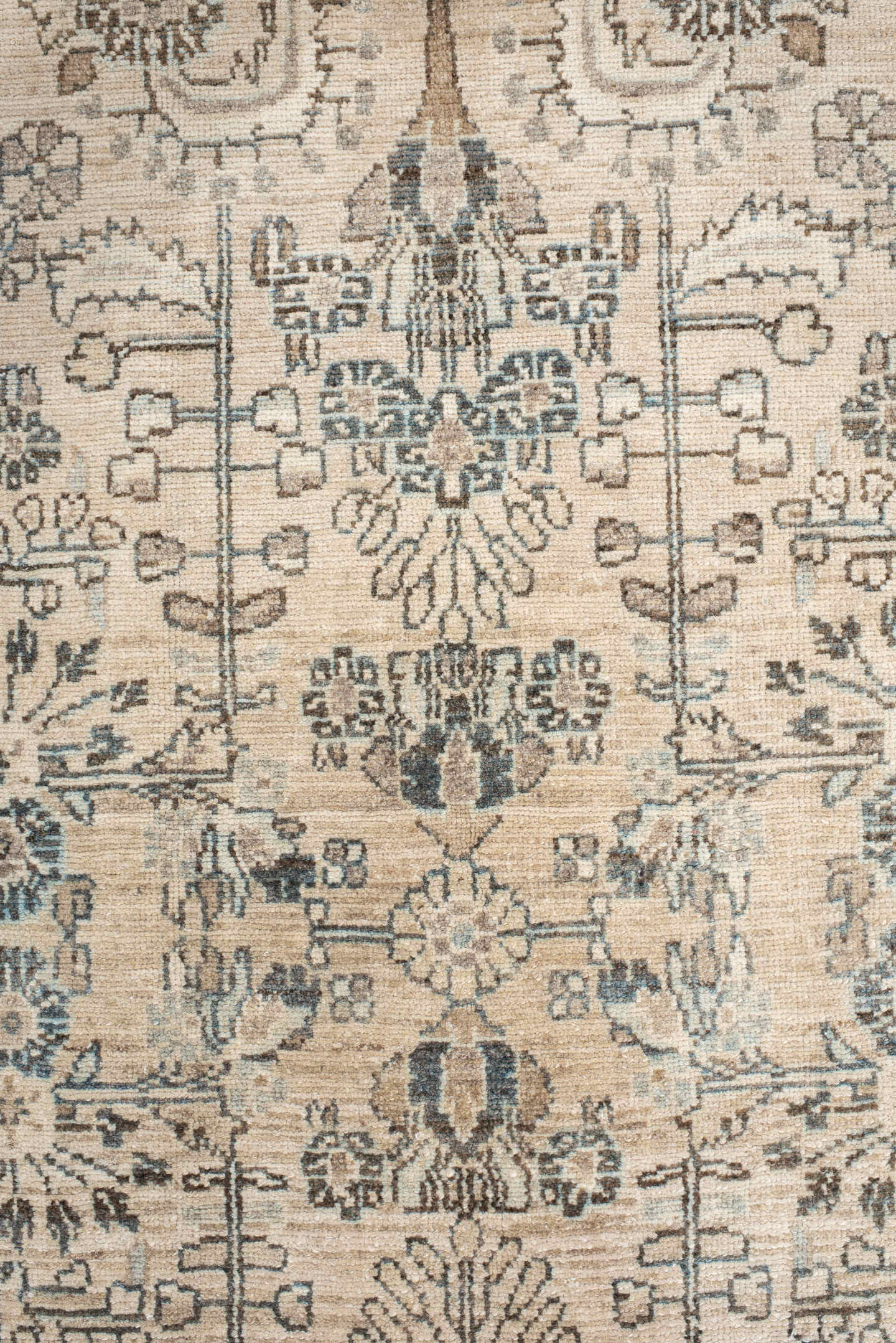 3' x 9' one-of-a-kind handmade antique Hamadan runner rug. Color palette: ivory, taupe, charcoal, sage, camel, brown, slate
