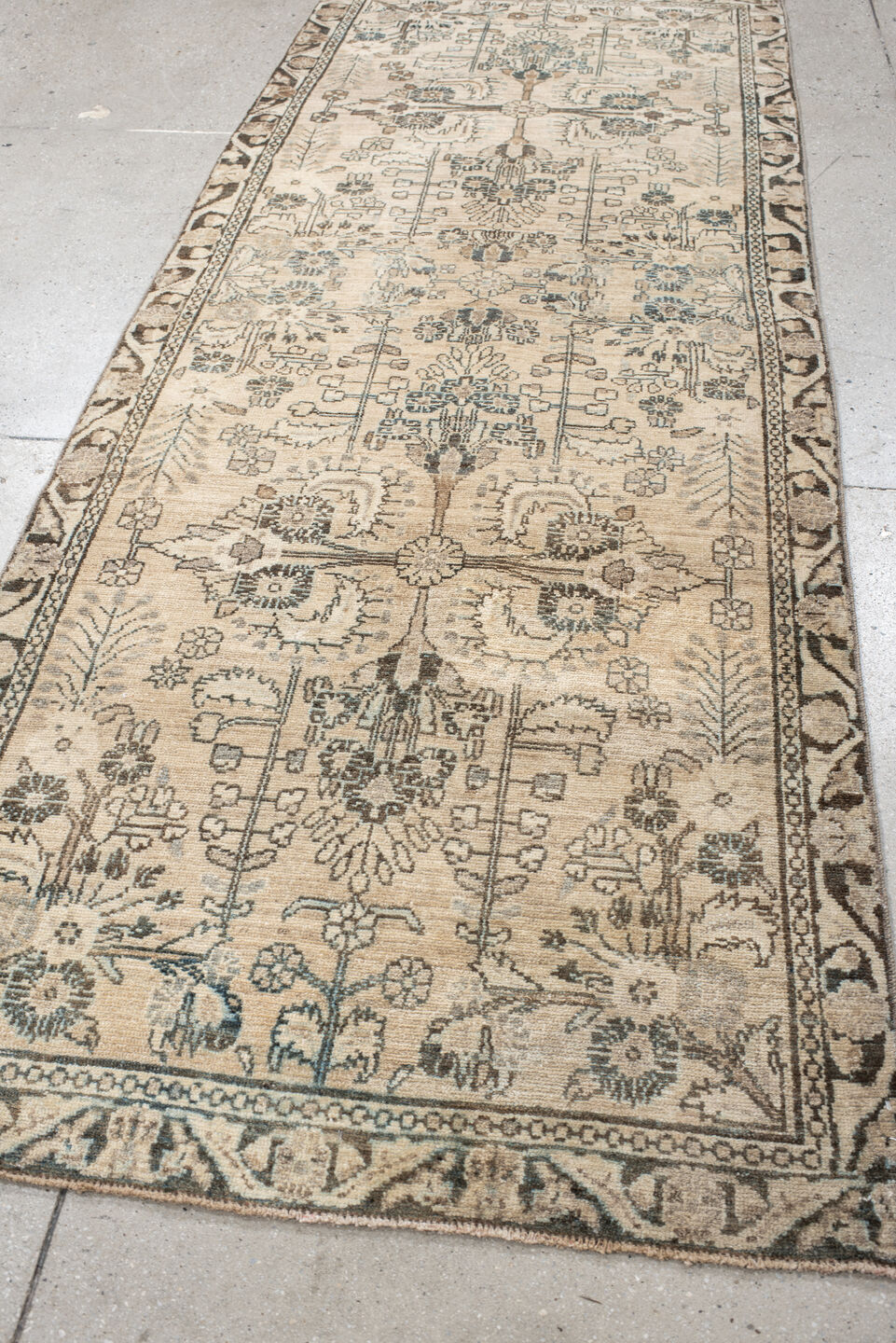 3' x 9' one-of-a-kind handmade antique Hamadan runner rug. Color palette: ivory, taupe, charcoal, sage, camel, brown, slate