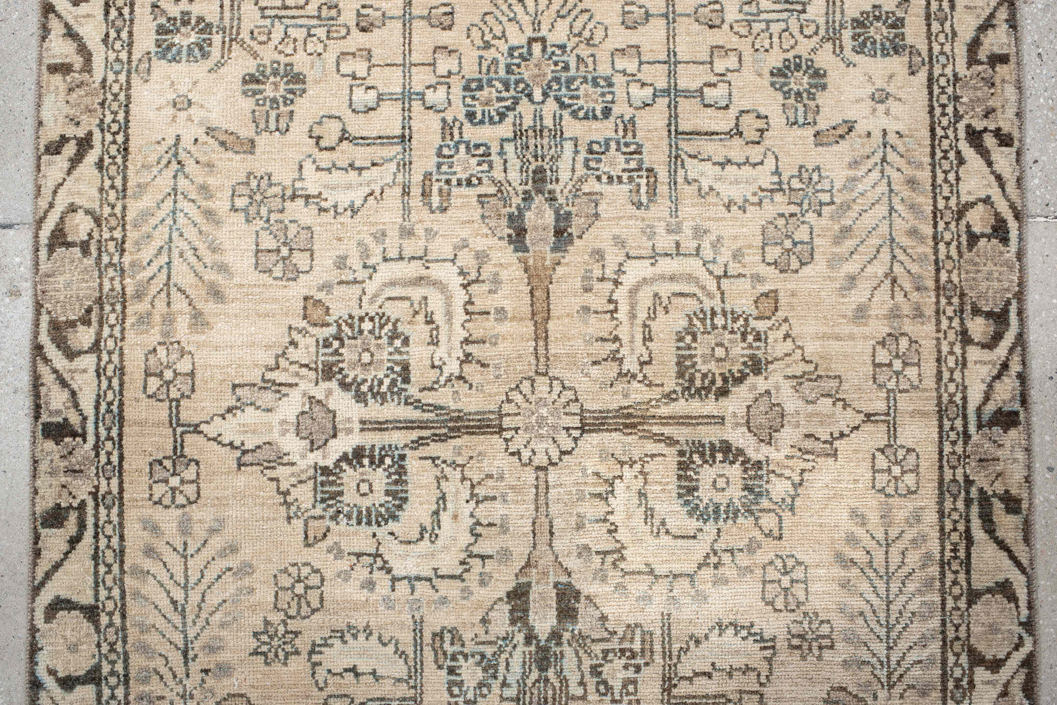 3' x 9' one-of-a-kind handmade antique Hamadan runner rug. Color palette: ivory, taupe, charcoal, sage, camel, brown, slate