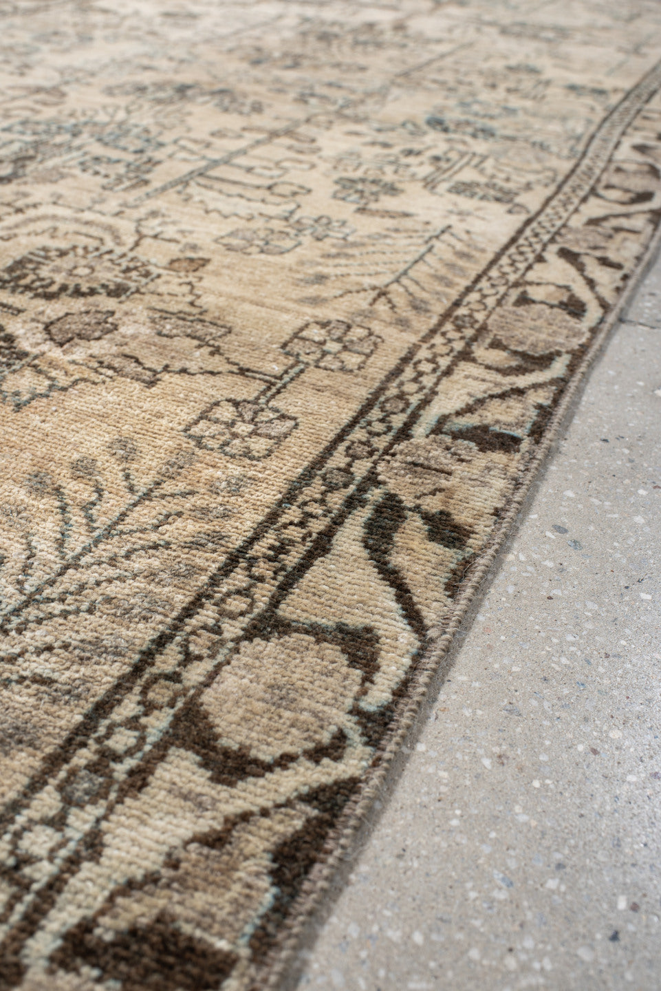 3' x 9' one-of-a-kind handmade antique Hamadan runner rug. Color palette: ivory, taupe, charcoal, sage, camel, brown, slate
