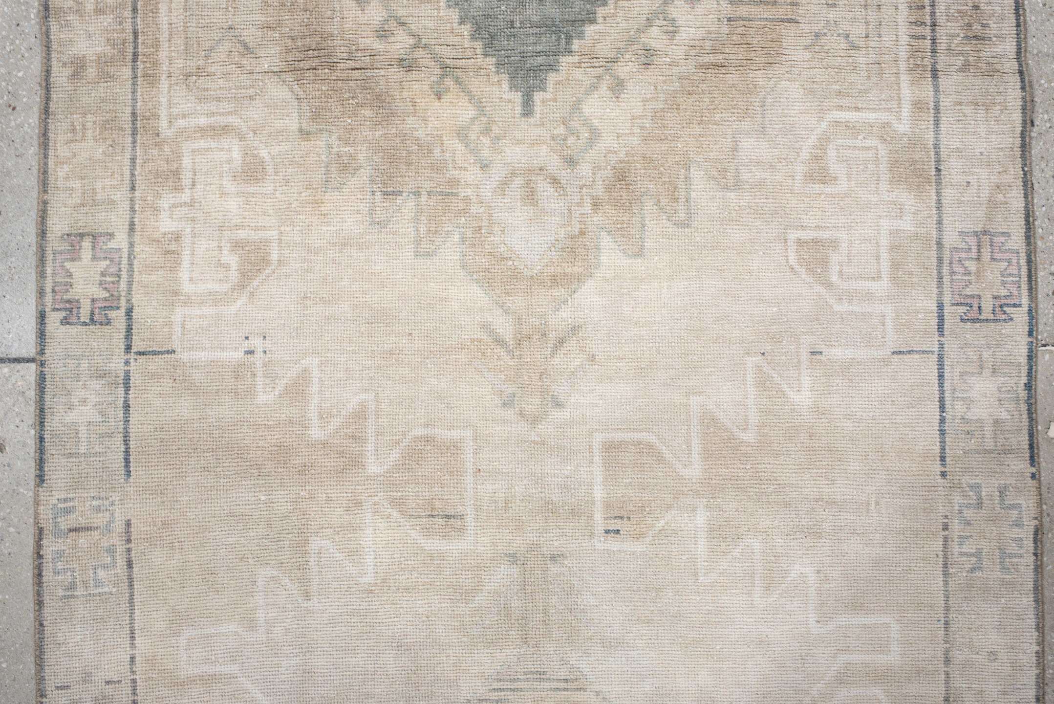 3' x 11' one-of-a-kind handmade antique Anatolian runner rug. Color palette: ivory, beige, taupe, sand, pale blue, greige