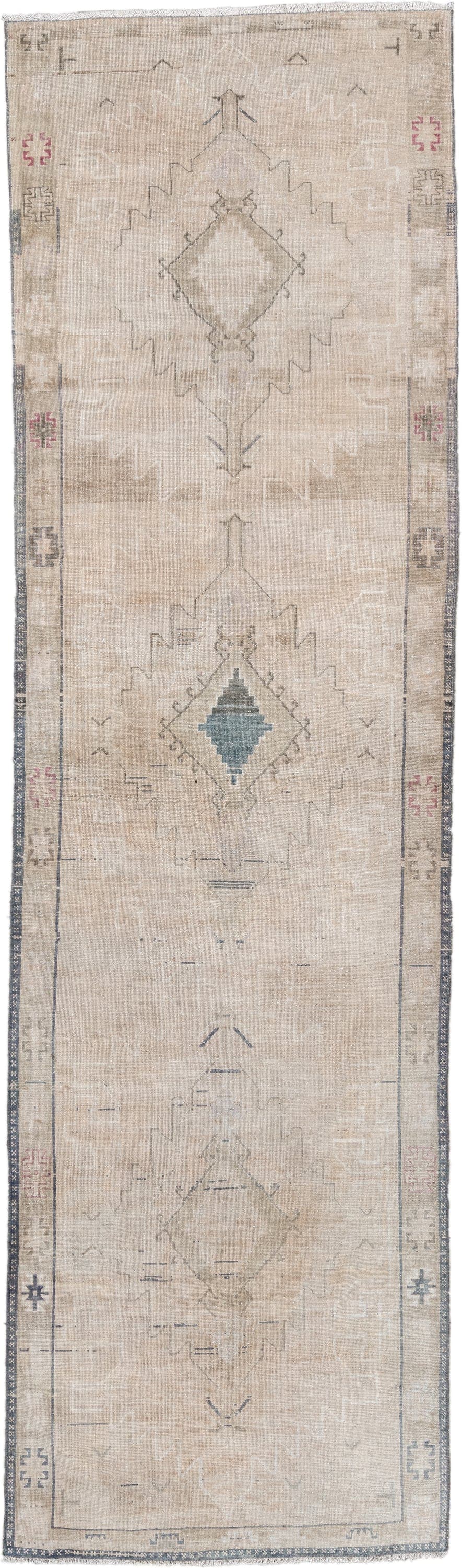 3' x 11' one-of-a-kind handmade antique Anatolian runner rug. Color palette: ivory, beige, taupe, slate, muted blue, blush