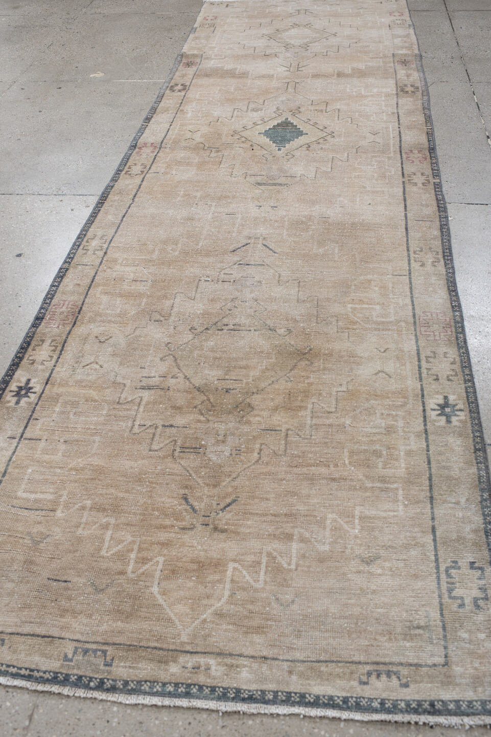 3' x 11' one-of-a-kind handmade antique Anatolian runner rug. Color palette: ivory, beige, taupe, slate, muted blue, blush