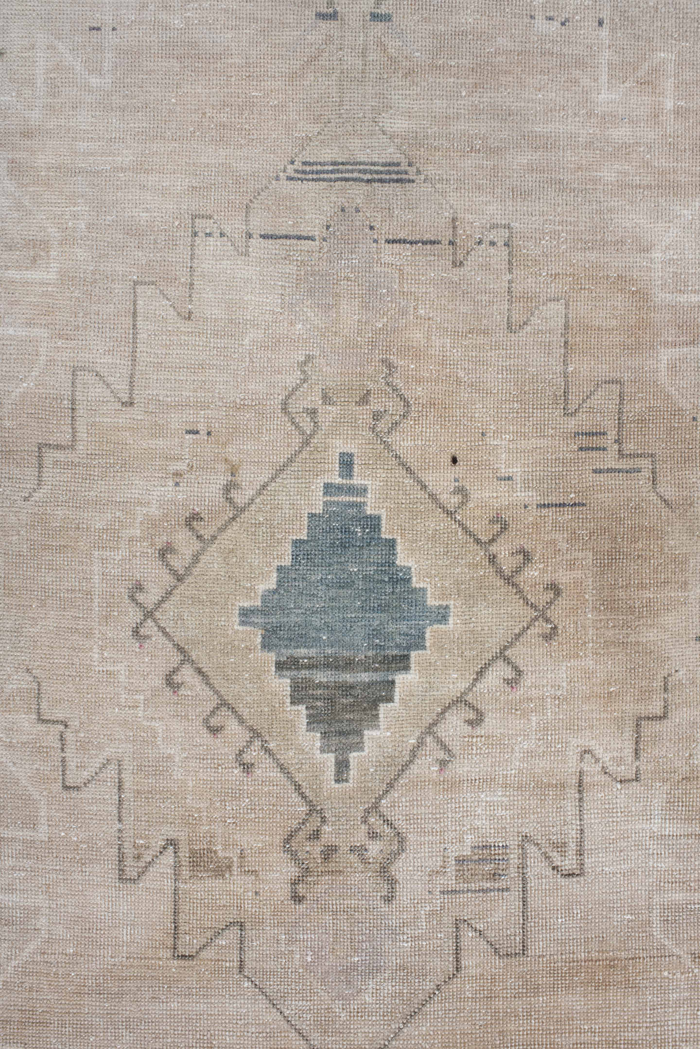 3' x 11' one-of-a-kind handmade antique Anatolian runner rug. Color palette: ivory, beige, taupe, slate, muted blue, blush