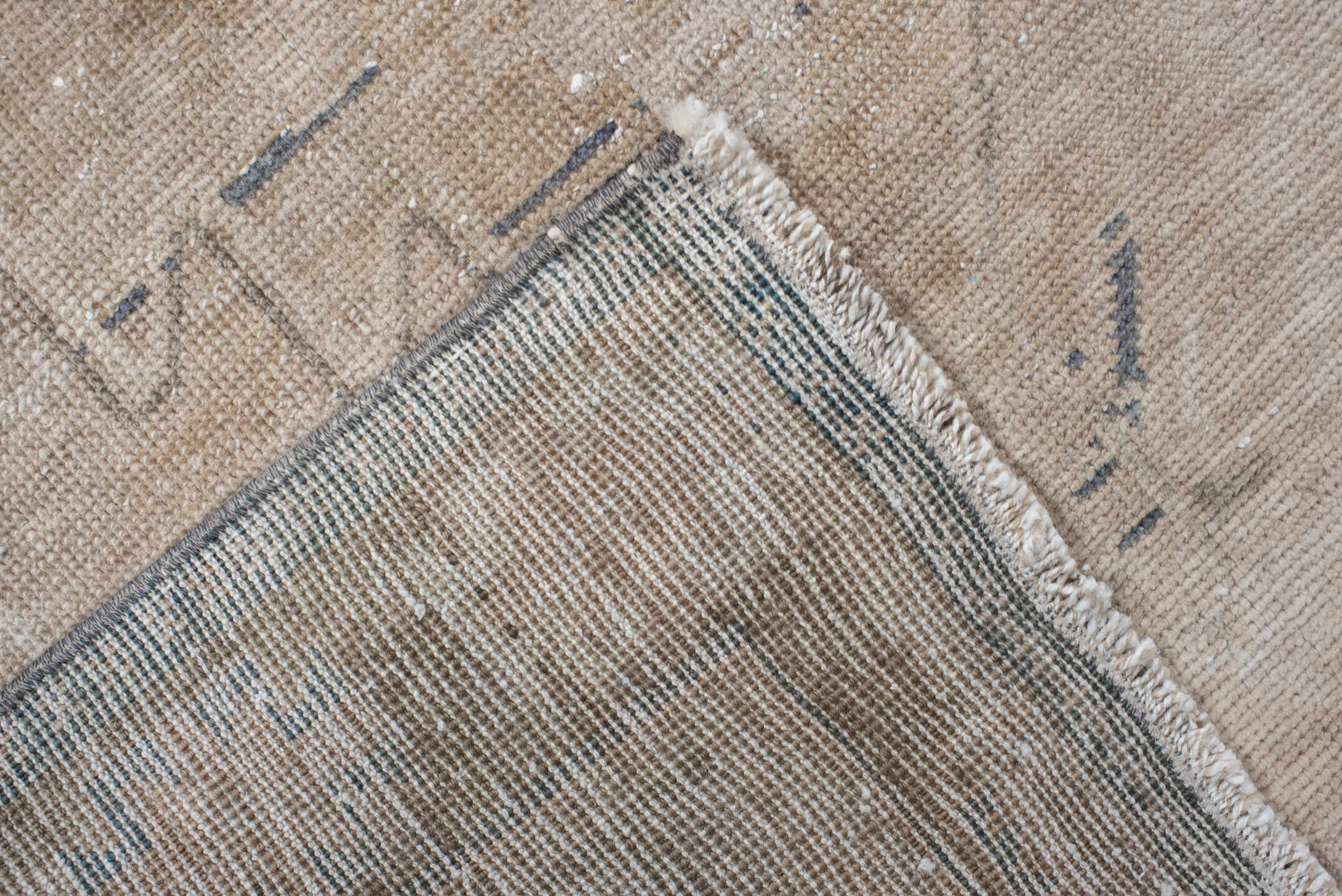 3' x 11' one-of-a-kind handmade antique Anatolian runner rug. Color palette: ivory, beige, taupe, slate, muted blue, blush