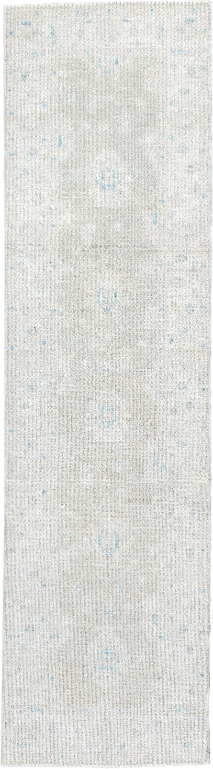 3' x 11' one-of-a-kind handmade antique Oushak runner rug. Color palette: ivory, pale blue, cream, taupe, light blue, beige