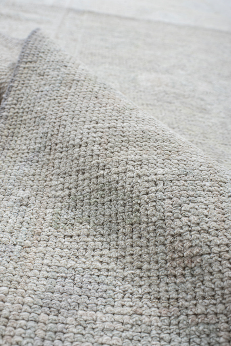 3' x 12' one-of-a-kind handmade antique Oushak runner rug. Color palette: ivory, pale gray, cream, taupe, light gray, beige