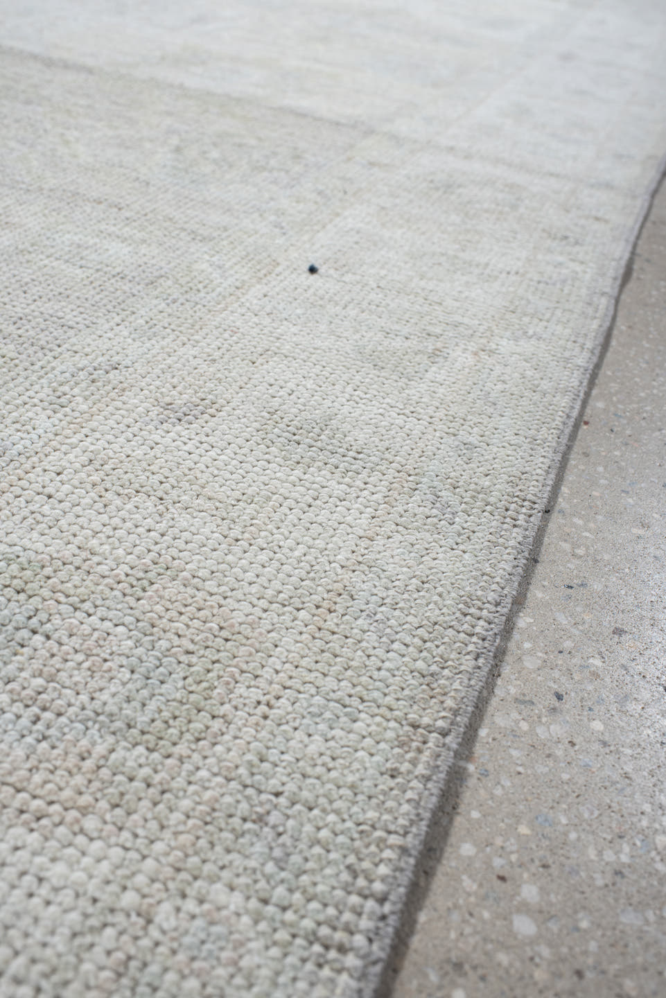 3' x 12' one-of-a-kind handmade antique Oushak runner rug. Color palette: ivory, pale gray, cream, taupe, light gray, beige