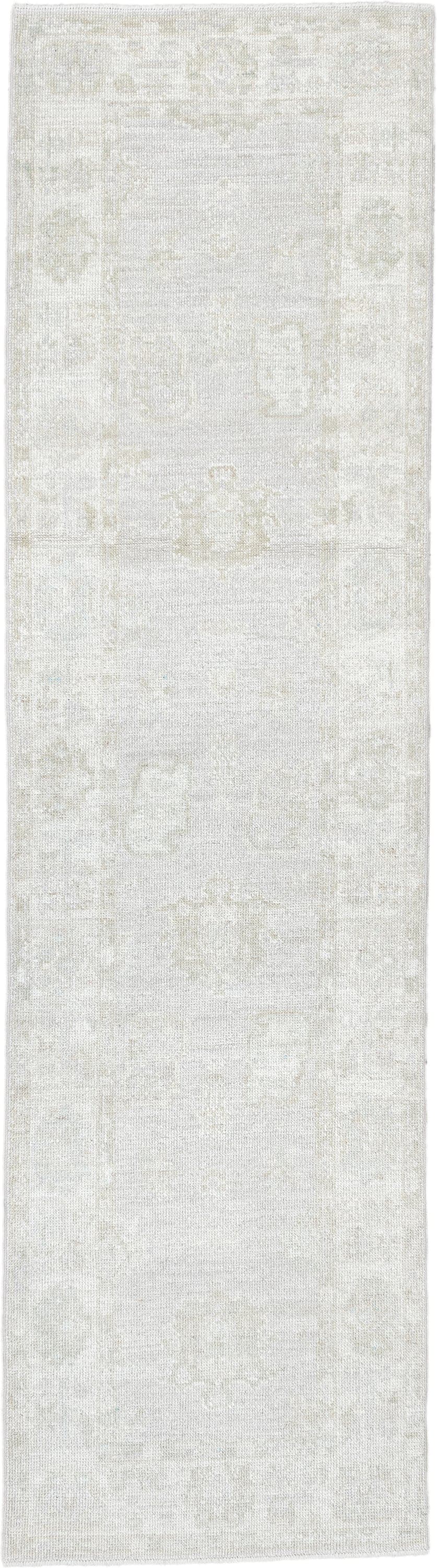 2' x 9' one-of-a-kind handmade antique Oushak runner rug. Color palette: ivory, cream, taupe, beige, pale sage, gray, green