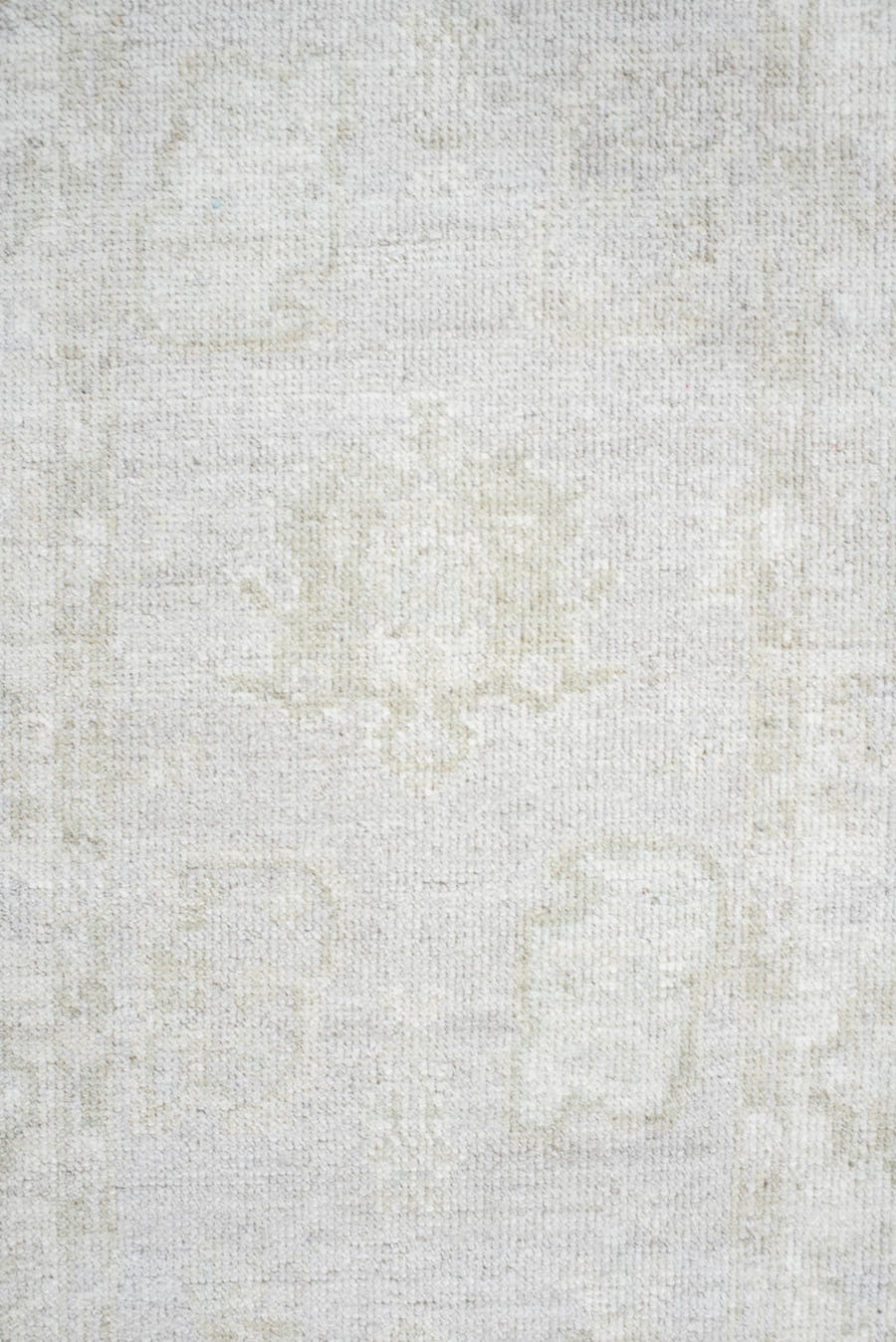 2' x 9' one-of-a-kind handmade antique Oushak runner rug. Color palette: ivory, cream, taupe, beige, pale sage, gray, green