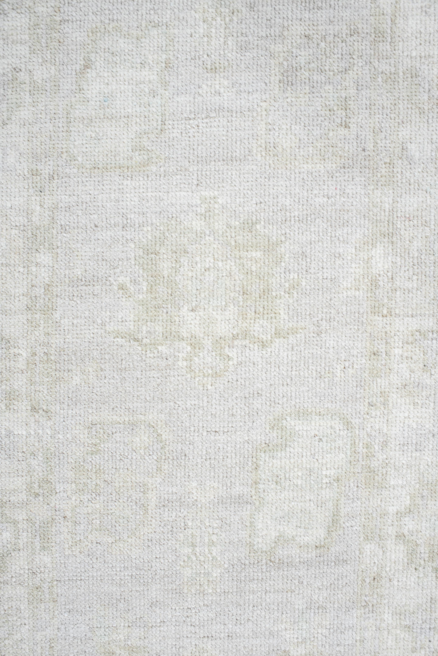 2' x 9' one-of-a-kind handmade antique Oushak runner rug. Color palette: ivory, cream, taupe, beige, pale sage, gray, green