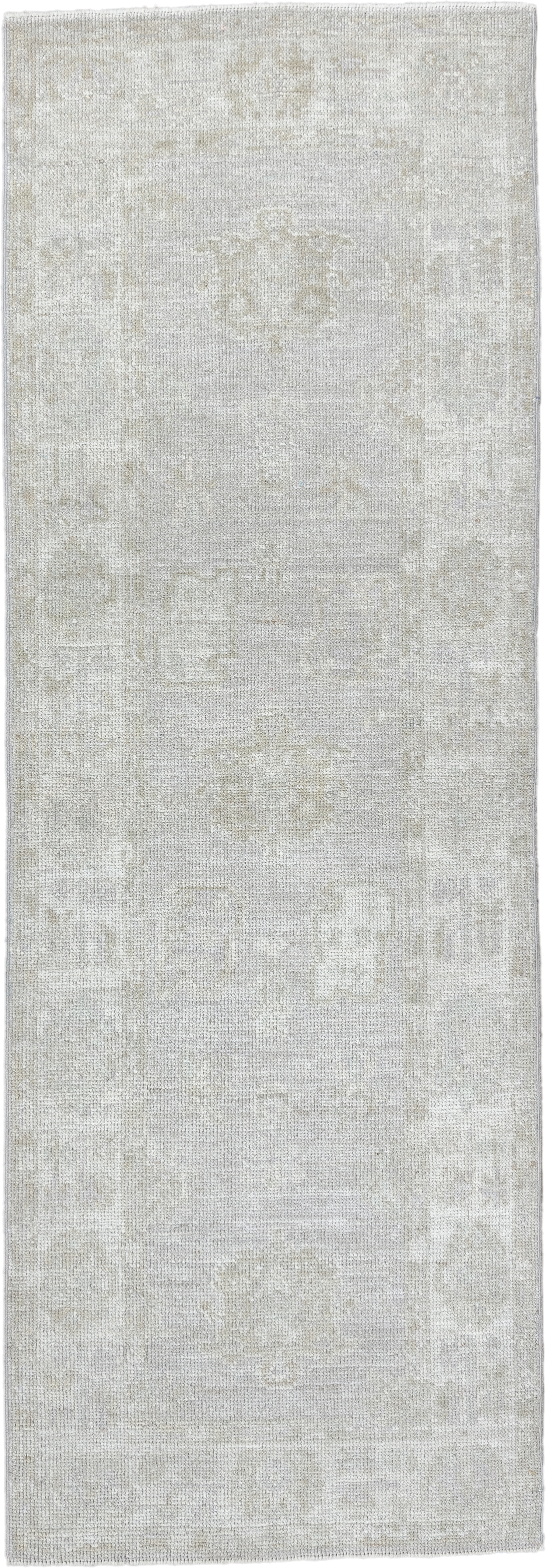 2' x 8' one-of-a-kind handmade vintage Oushak runner rug. Color palette: ivory, cream, taupe, beige, light gray, gray