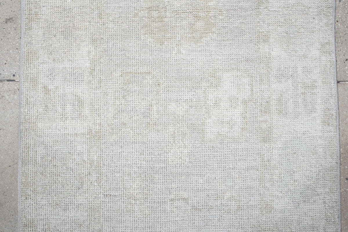2' x 8' one-of-a-kind handmade vintage Oushak runner rug. Color palette: ivory, cream, taupe, beige, light gray, gray