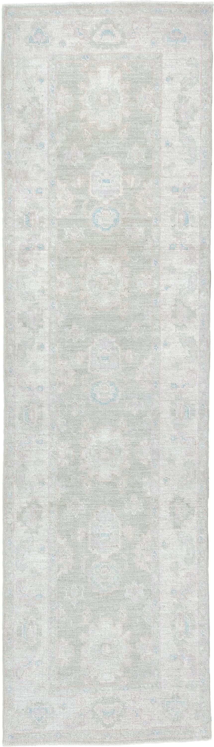2' x 10' one-of-a-kind handmade vintage Oushak runner rug. Color palette: ivory, pale blue, cream, light gray, light blue
