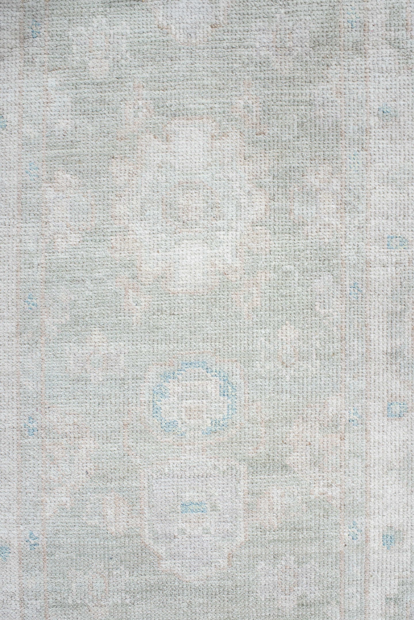 2' x 10' one-of-a-kind handmade vintage Oushak runner rug. Color palette: ivory, pale blue, cream, light gray, light blue