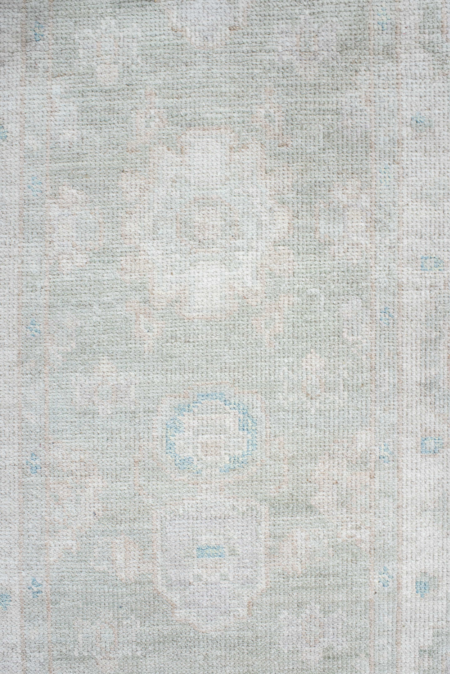 2' x 10' one-of-a-kind handmade vintage Oushak runner rug. Color palette: ivory, pale blue, cream, light gray, light blue
