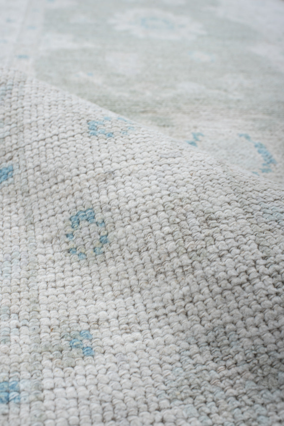 2' x 8' one-of-a-kind handmade vintage Oushak runner rug. Color palette: ivory, pale aqua, cream, light gray, teal