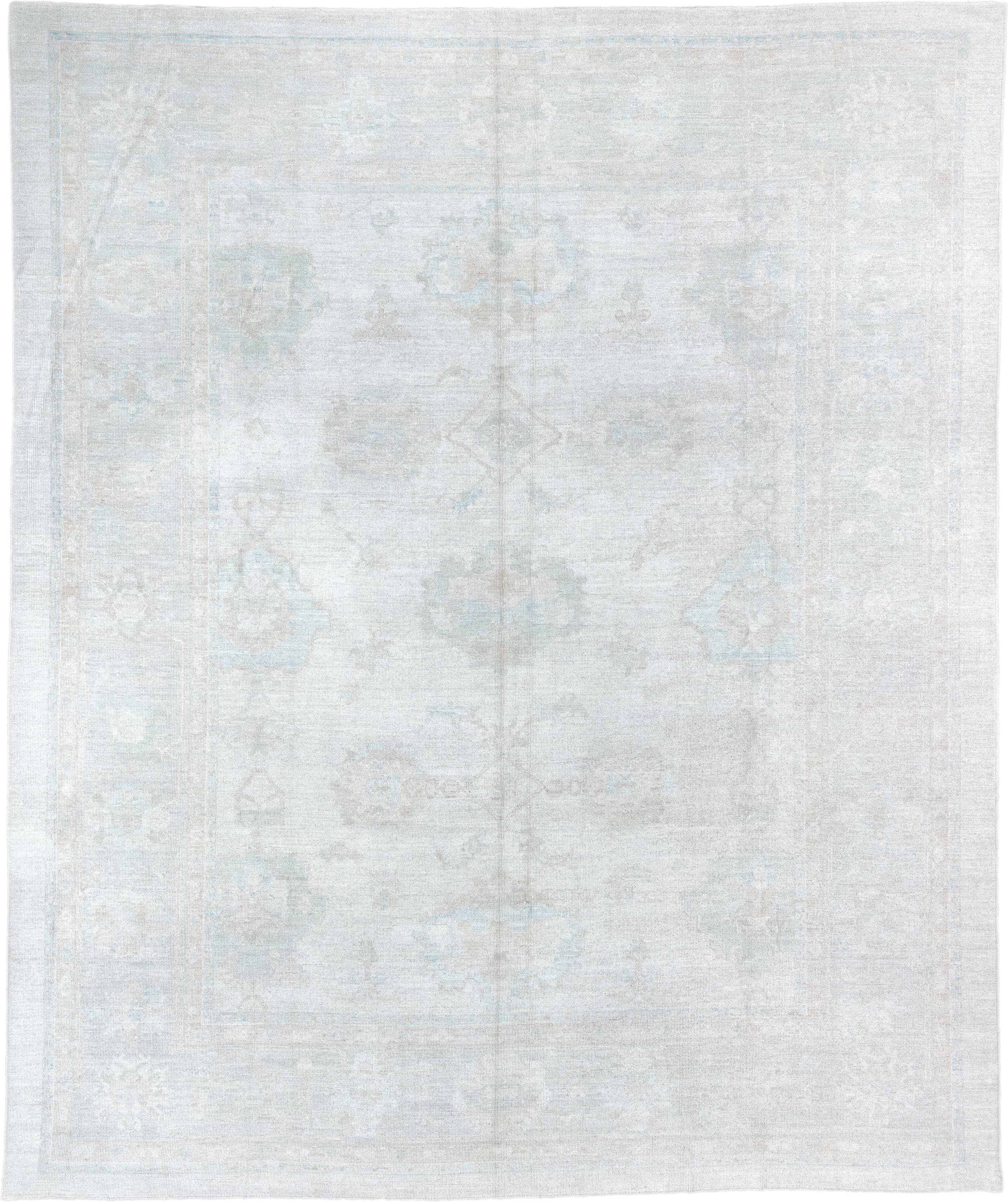 12' x 15' one-of-a-kind handmade vintage Oushak oversize rug. Color palette: ivory, pale blue, taupe, cream, sage