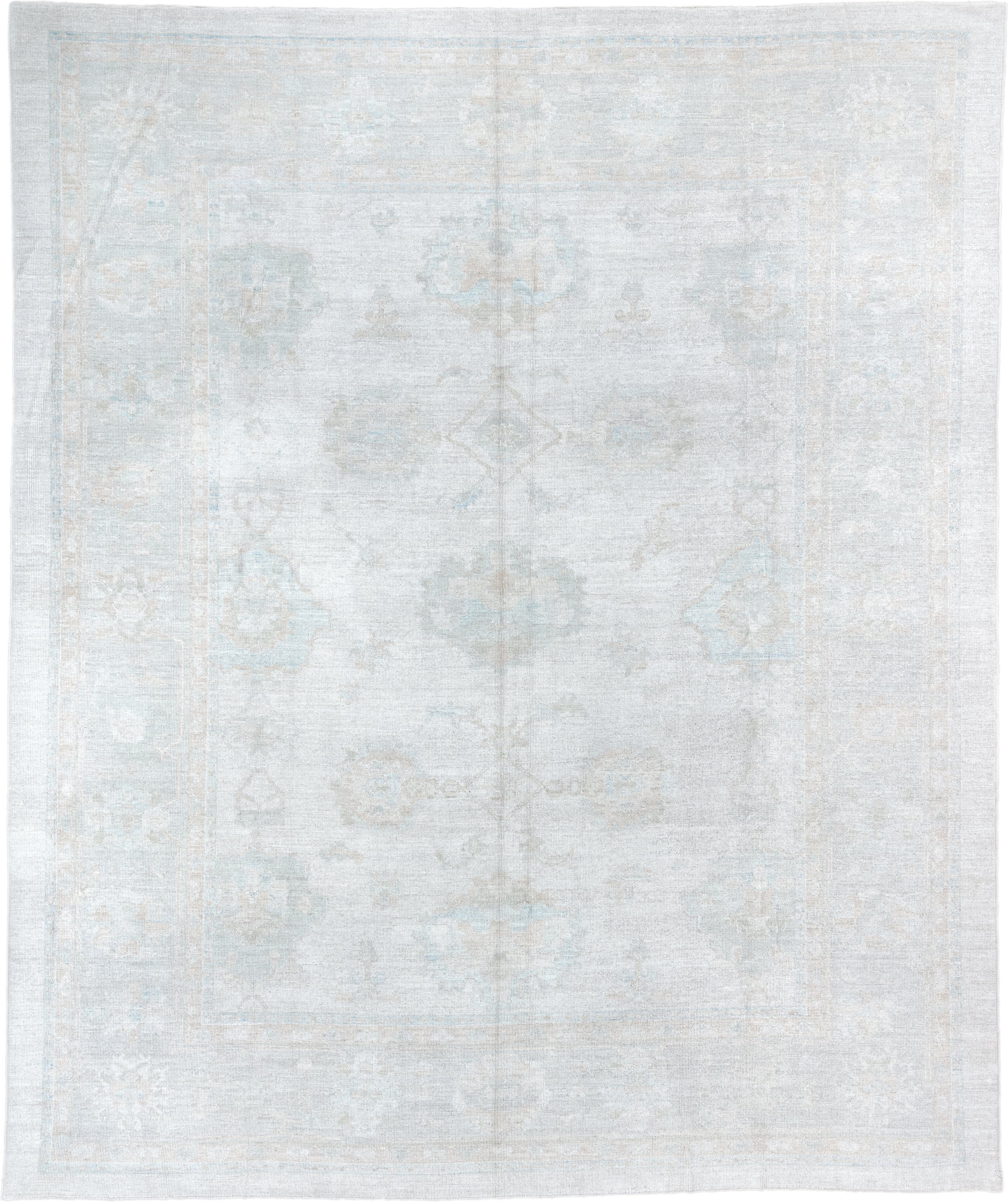 12' x 15' one-of-a-kind handmade vintage Oushak oversize rug. Color palette: ivory, pale blue, taupe, cream, sage