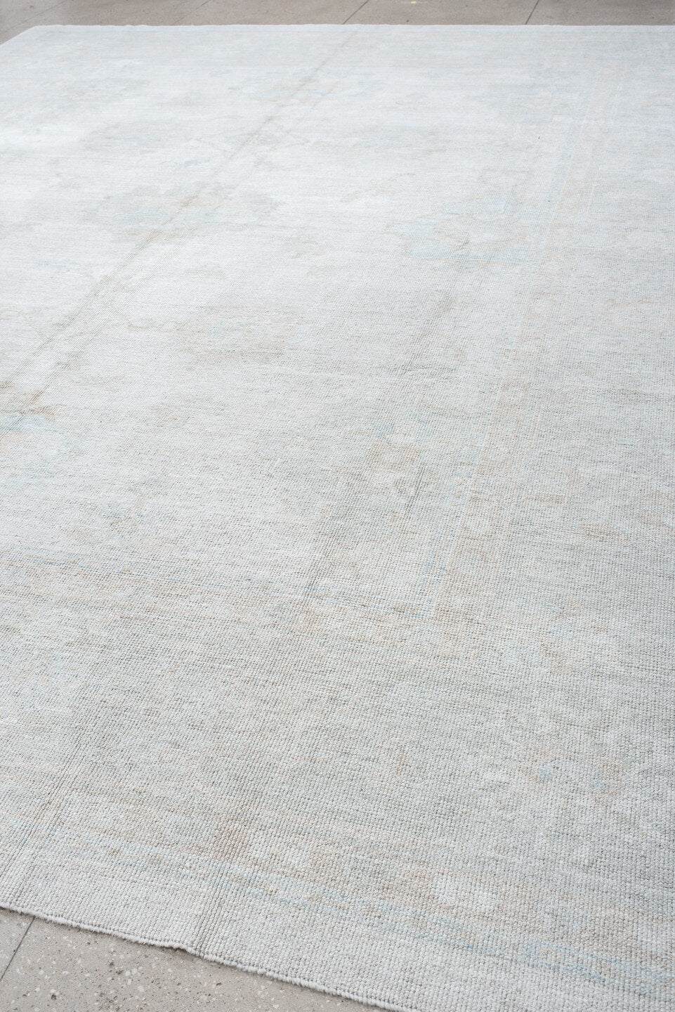 12' x 15' one-of-a-kind handmade vintage Oushak oversize rug. Color palette: ivory, pale blue, taupe, cream, sage
