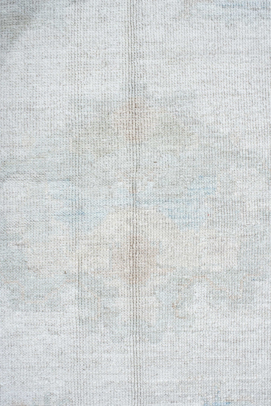 12' x 15' one-of-a-kind handmade vintage Oushak oversize rug. Color palette: ivory, pale blue, taupe, cream, sage