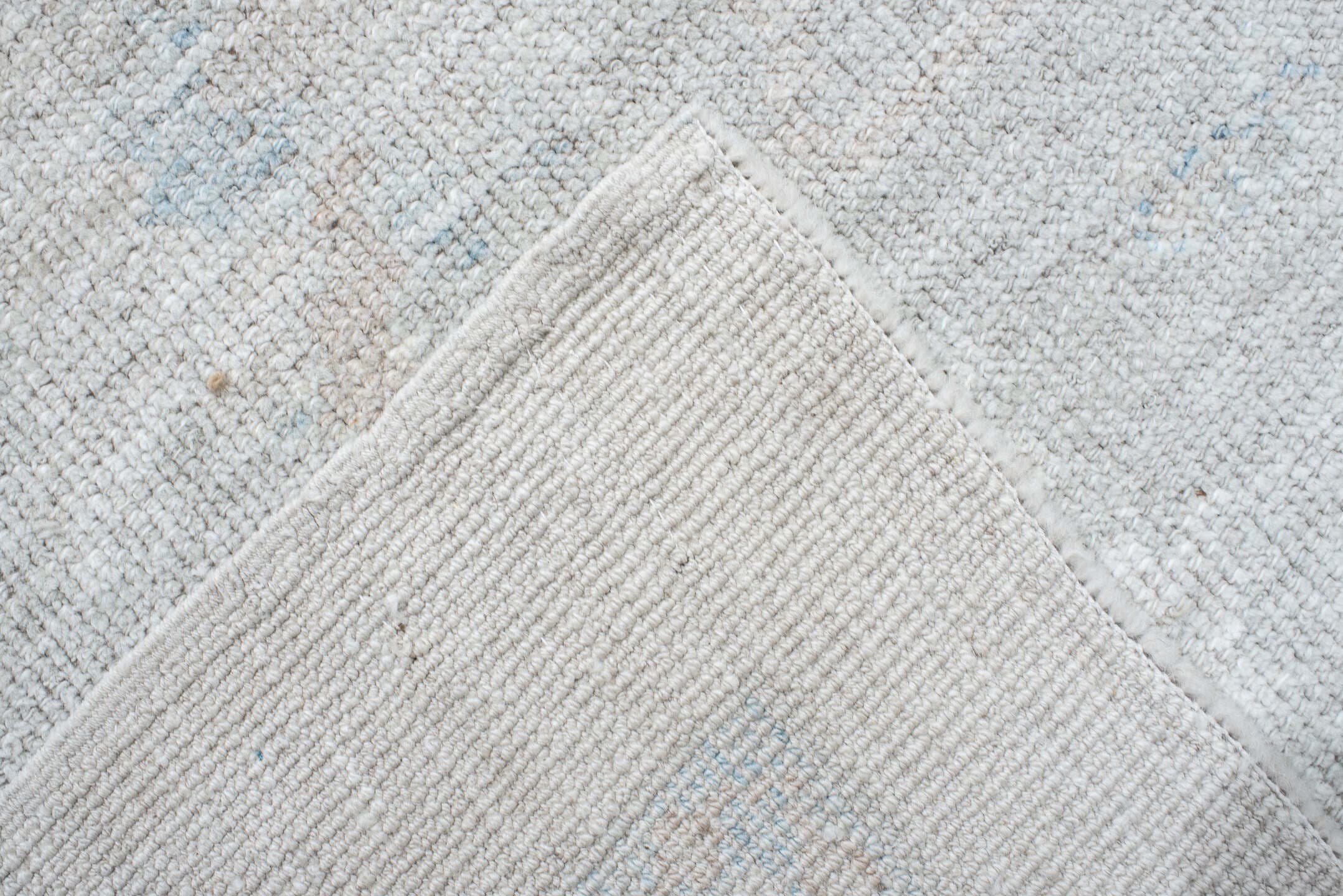 12' x 15' one-of-a-kind handmade vintage Oushak oversize rug. Color palette: ivory, pale blue, taupe, cream, sage