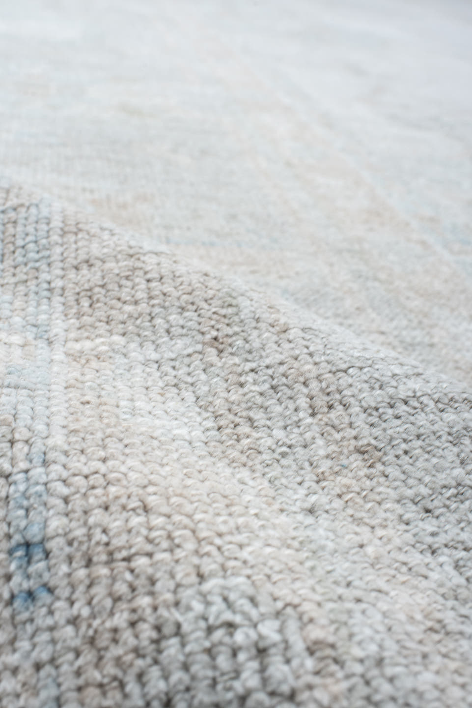 12' x 15' one-of-a-kind handmade vintage Oushak oversize rug. Color palette: ivory, pale blue, taupe, cream, sage
