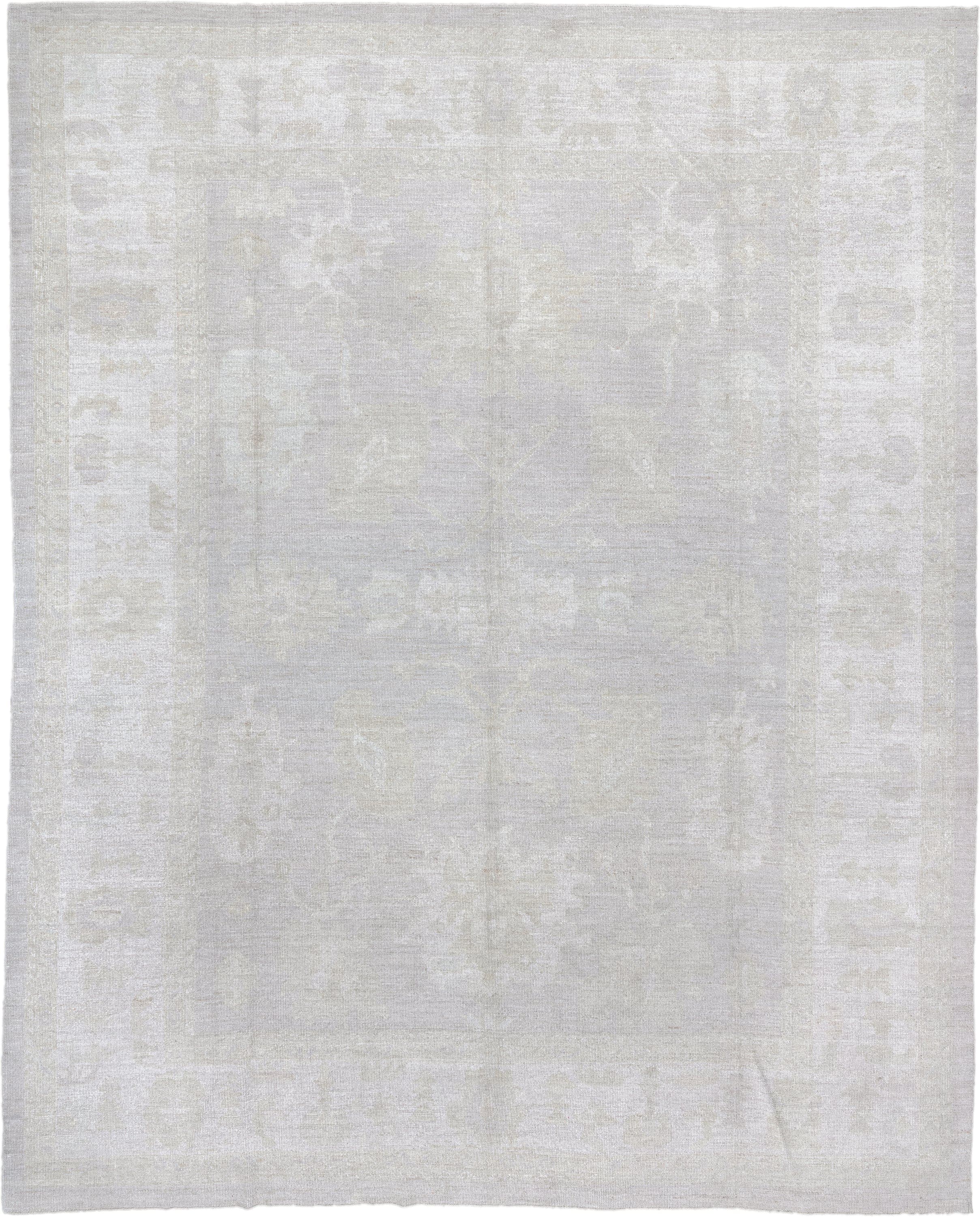12' x 14' one-of-a-kind handmade vintage Oushak oversize rug. Color palette: ivory, cream, taupe, beige, pale gray, gray