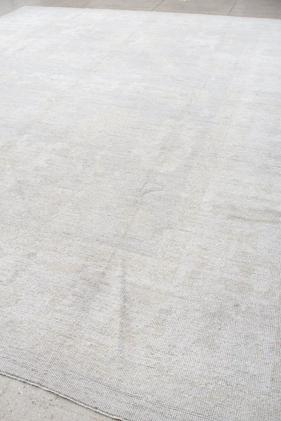 12' x 14' one-of-a-kind handmade vintage Oushak oversize rug. Color palette: ivory, cream, taupe, beige, pale gray, gray