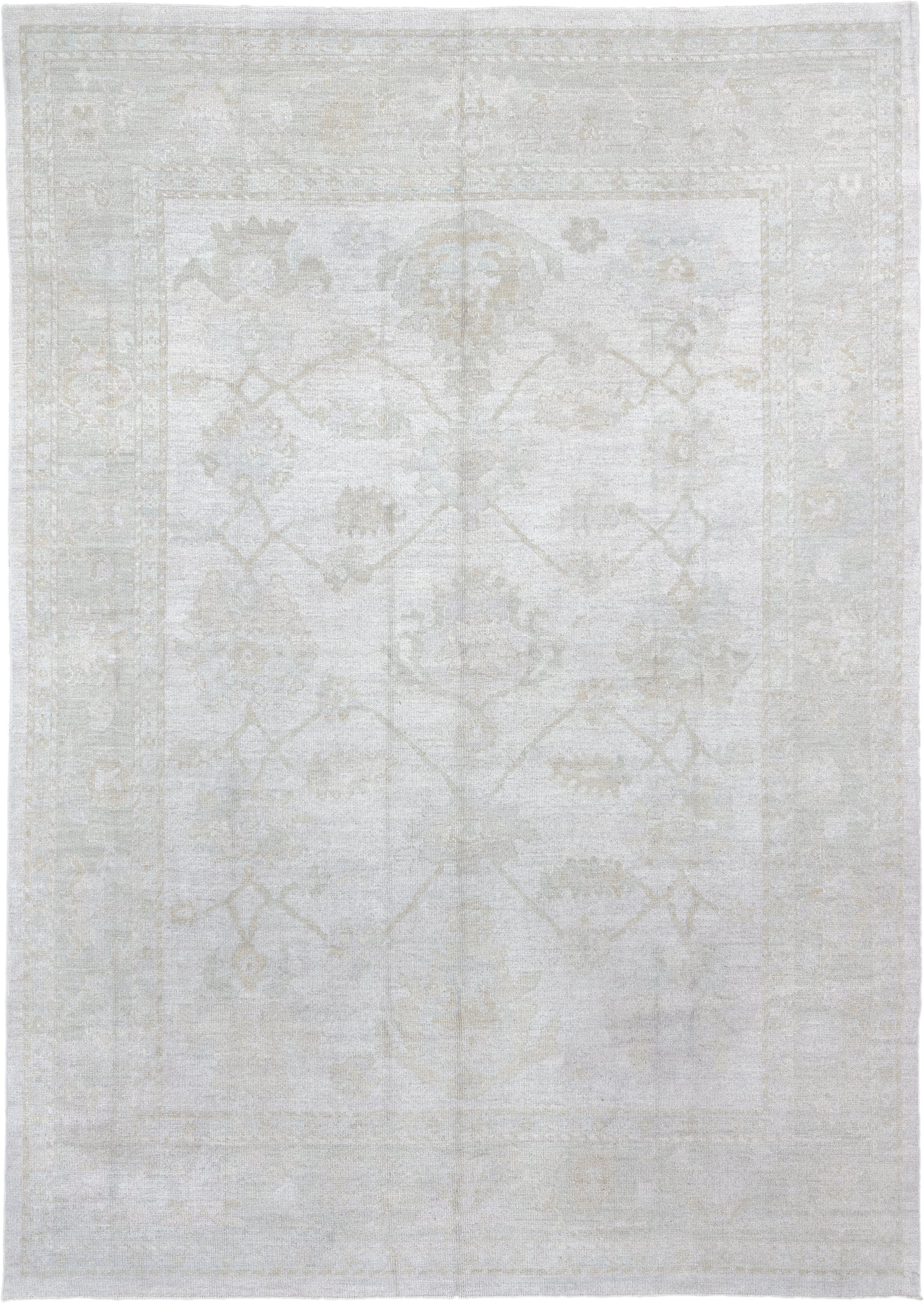 10' x 14' one-of-a-kind handmade vintage Oushak large size rug. Color palette: ivory, cream, taupe, beige, pale sage, gray