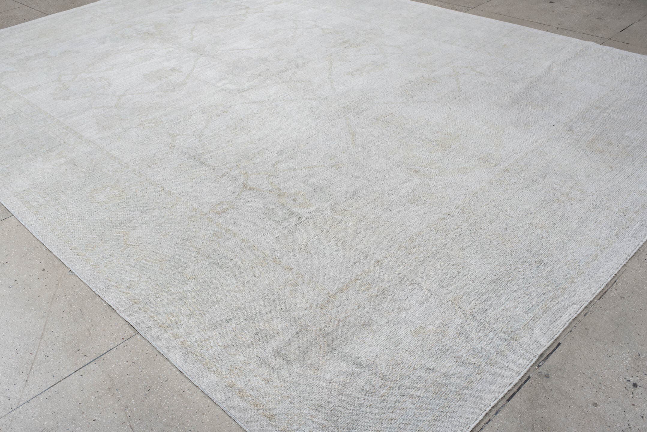 10' x 14' one-of-a-kind handmade vintage Oushak large size rug. Color palette: ivory, cream, taupe, beige, pale sage, gray