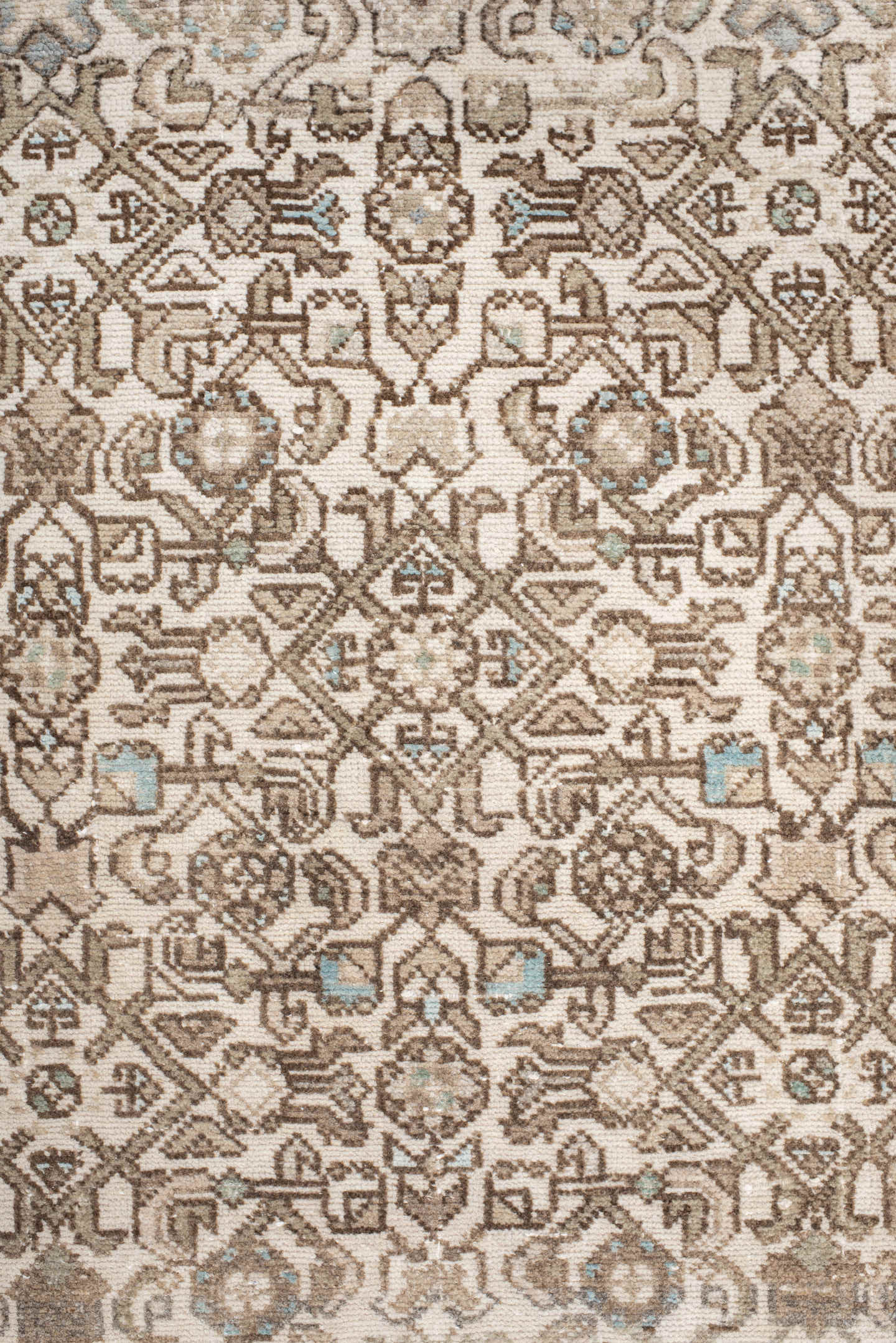 2' x 10' one-of-a-kind handmade antique Hamadan runner rug. Color palette: ivory, taupe, camel, beige, pale blue, brown