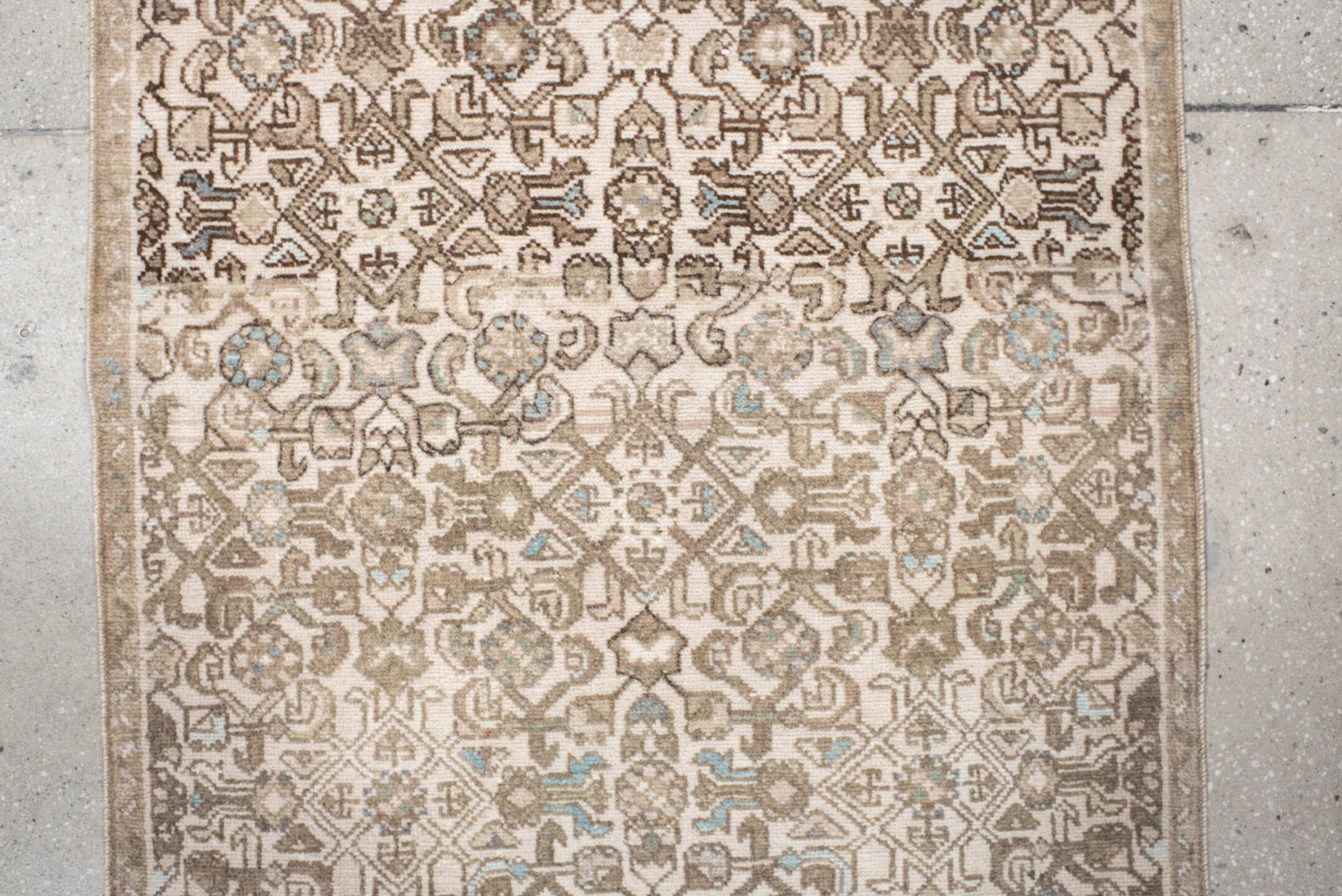 2' x 10' one-of-a-kind handmade antique Hamadan runner rug. Color palette: ivory, taupe, camel, beige, pale blue, brown