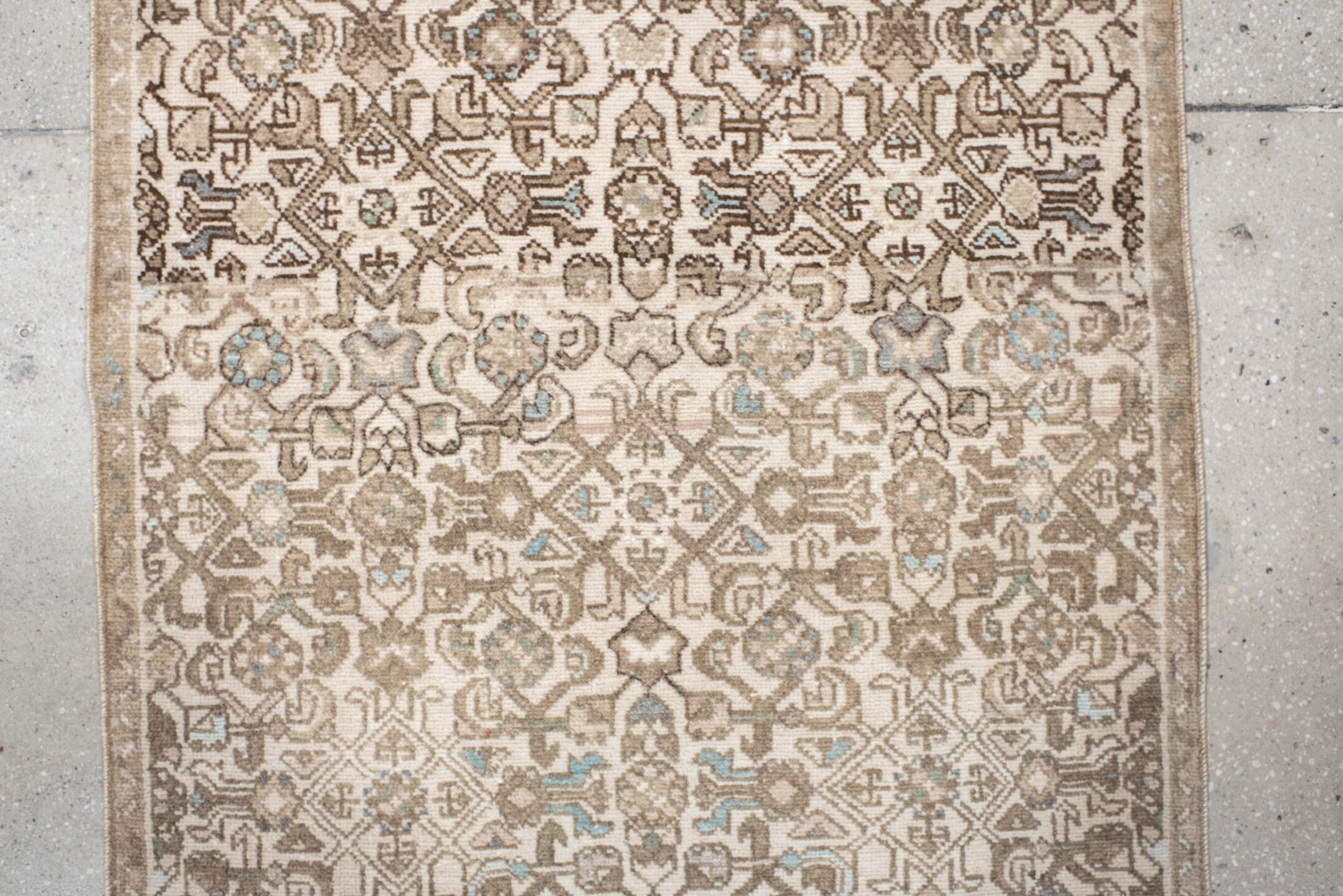 2' x 10' one-of-a-kind handmade antique Hamadan runner rug. Color palette: ivory, taupe, camel, beige, pale blue, brown