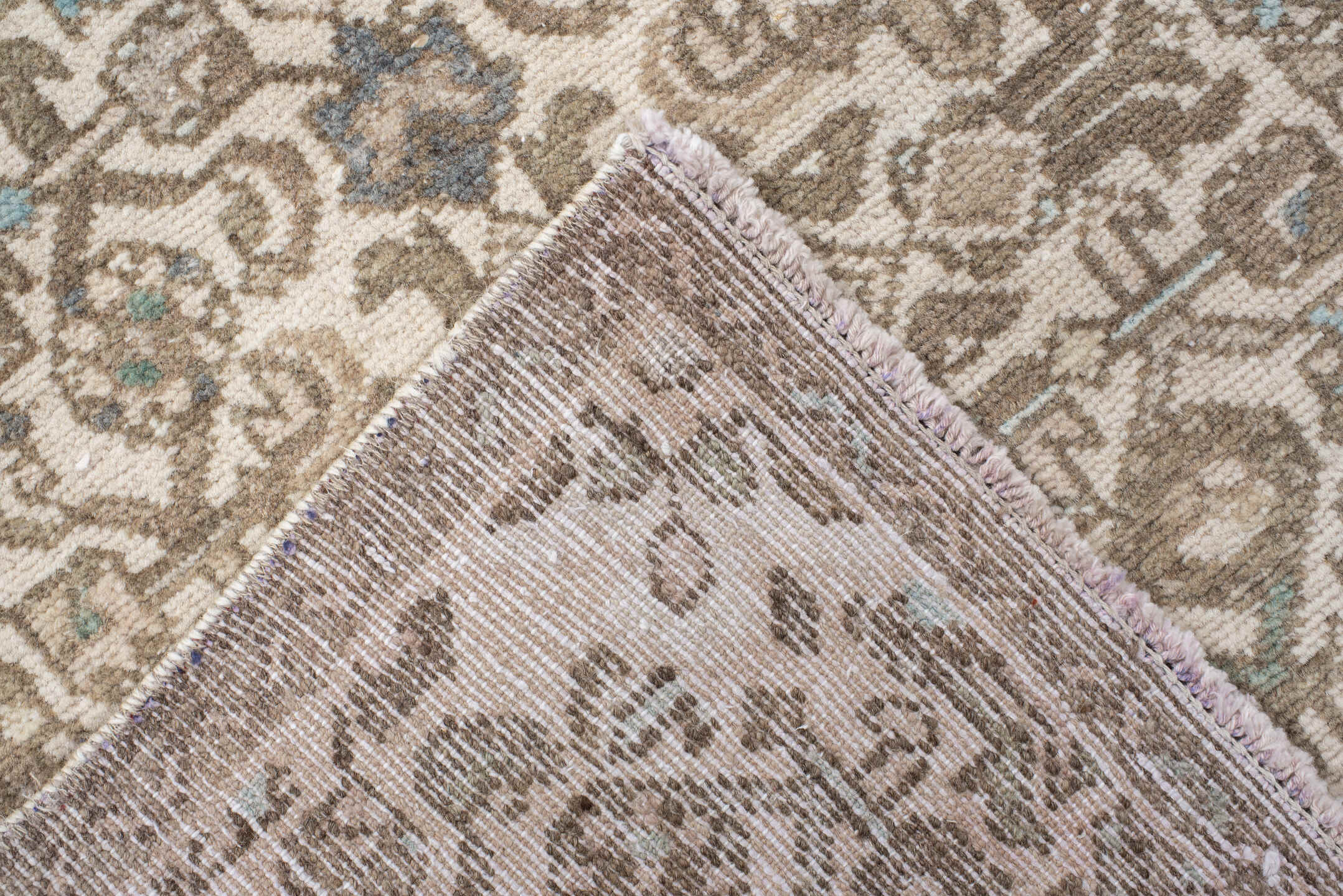 2' x 10' one-of-a-kind handmade antique Hamadan runner rug. Color palette: ivory, taupe, camel, beige, pale blue, brown