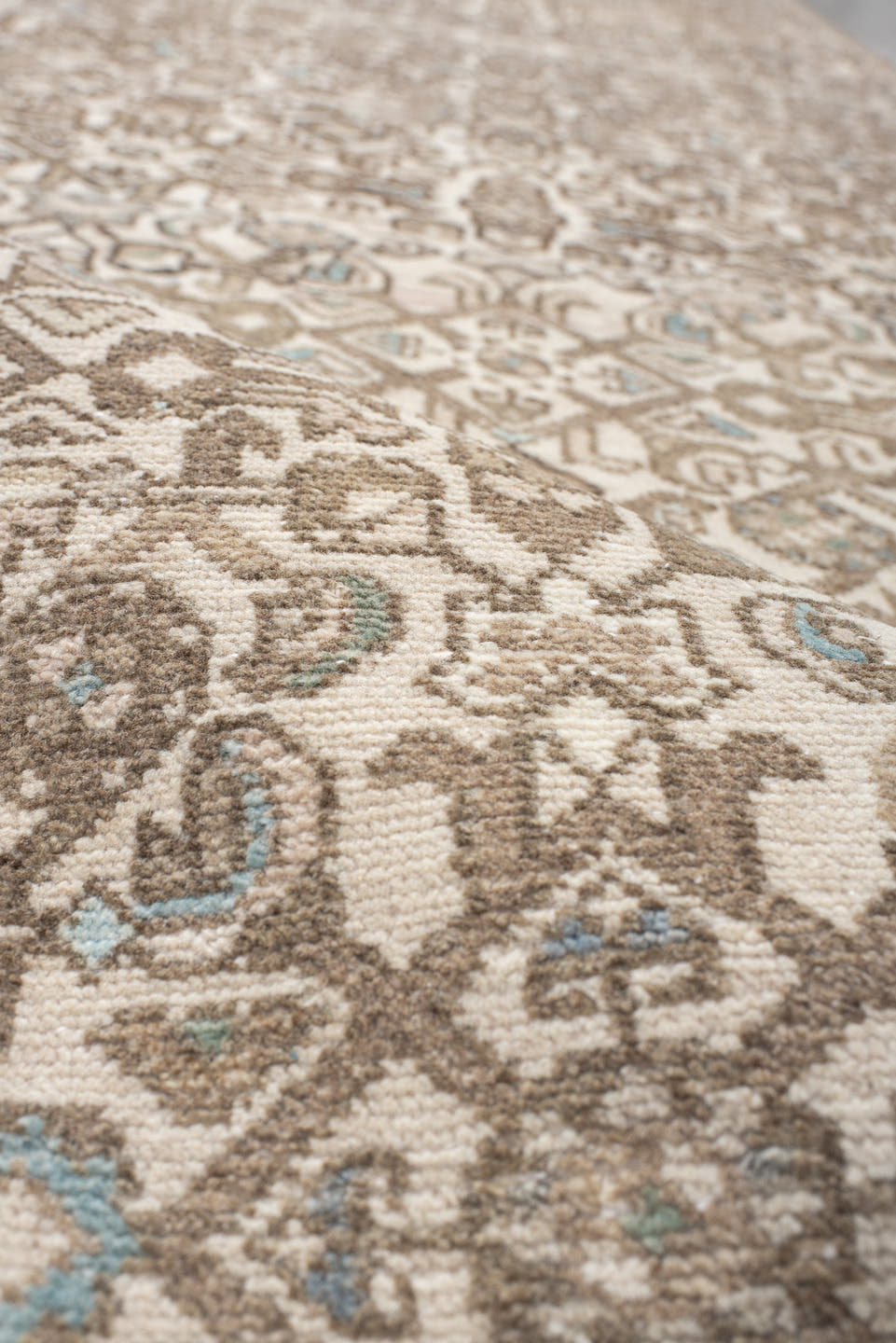 2' x 10' one-of-a-kind handmade antique Hamadan runner rug. Color palette: ivory, taupe, camel, beige, pale blue, brown