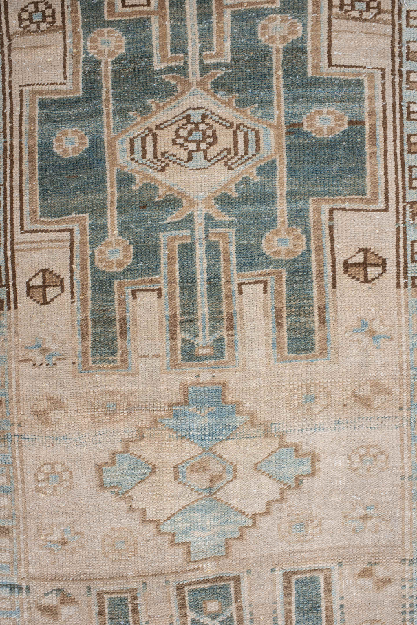 3' x 10' one-of-a-kind handmade antique Karaje runner rug. Color palette: ivory, sky blue, camel, taupe, brown, light blue