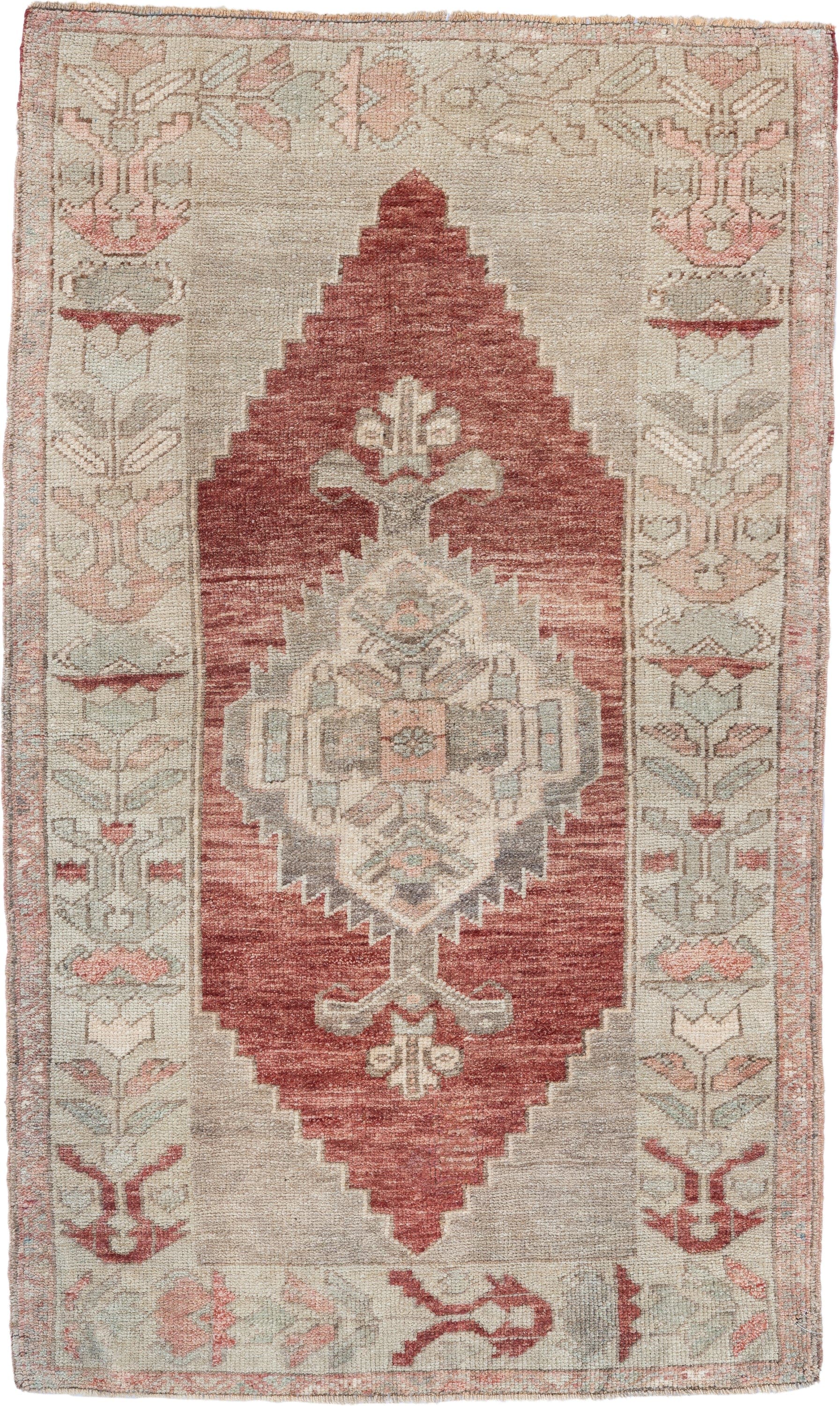 2' x 4' one-of-a-kind handmade vintage Anatolian small size rug. Color palette: ivory, terra cotta, blush, sage, taupe